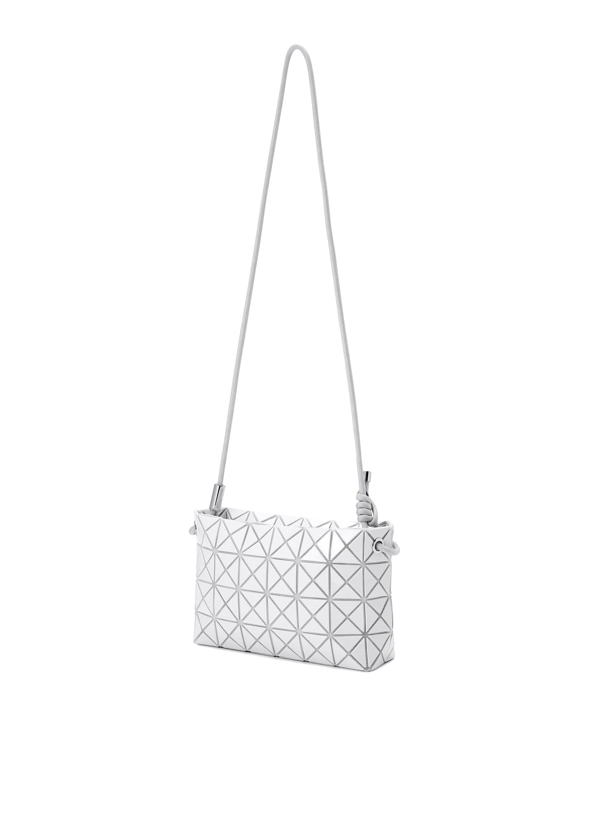 The LOOP ONE-TONE cross-body bag by BAO BAO ISSEY MIYAKE features a white geometric triangular pattern, an adjustable strap, and is photographed against a plain white background. view 4 of 7