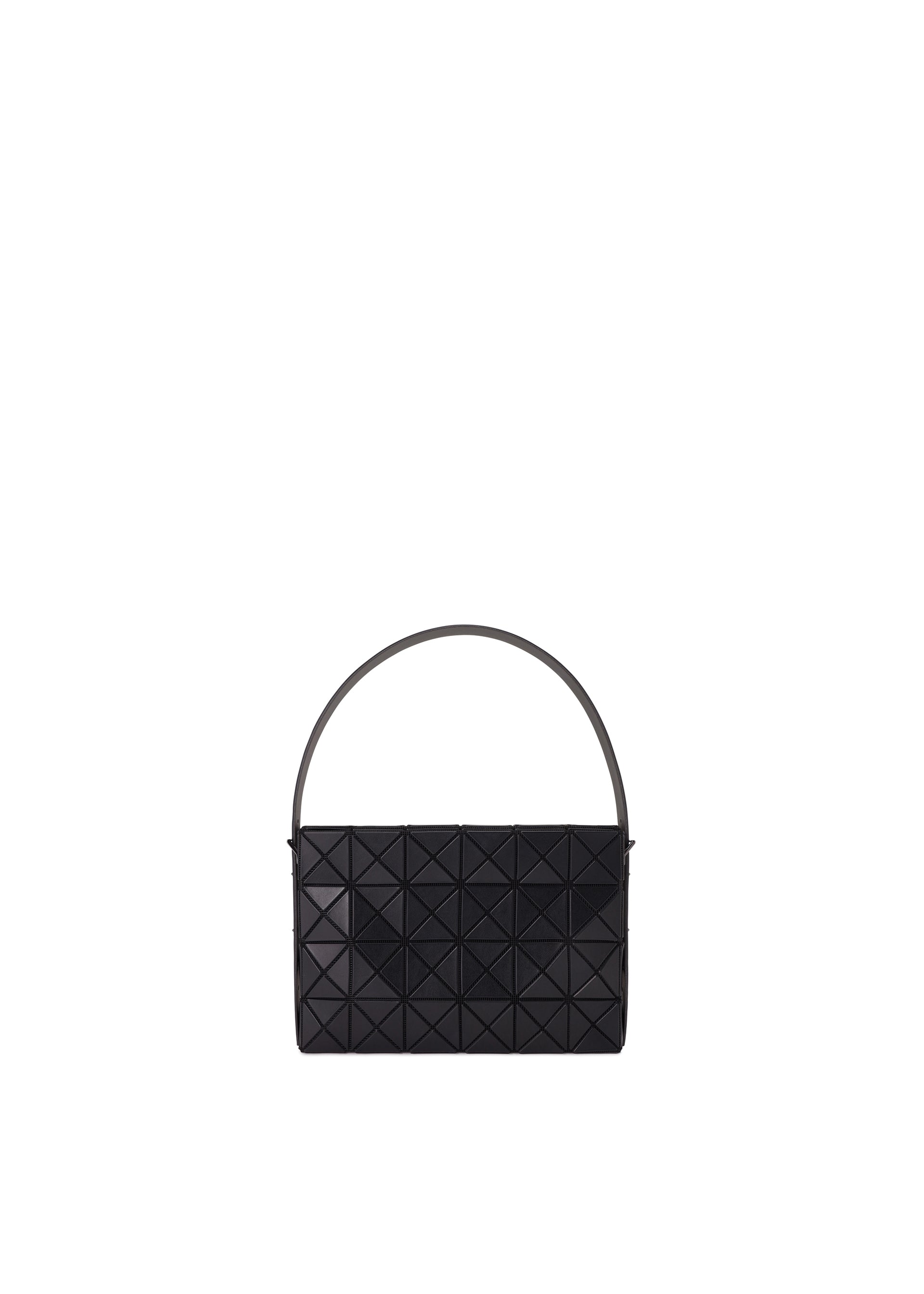 Zoomed view The OBLONG handbag by BAO BAO ISSEY MIYAKE is a small black minimalist bag featuring a geometric textured pattern and a single curved handle, shown against a plain white background. - MATTE BLACK （no.16）