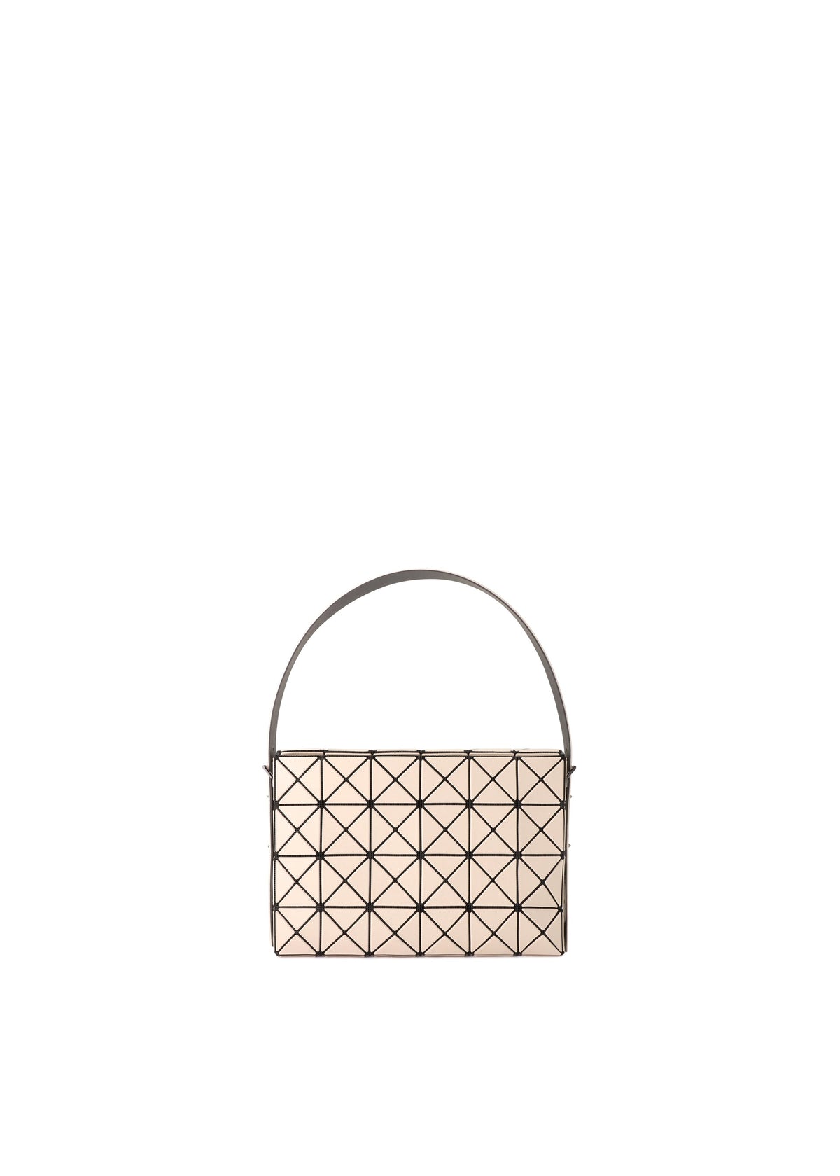 The OBLONG by BAO BAO ISSEY MIYAKE is a small, beige rectangular handbag featuring a minimalist triangular grid design and a single short handle, shown against a plain white background. view 2 of 8