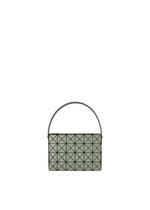 The OBLONG by BAO BAO ISSEY MIYAKE is a small, rectangular minimalist handbag in light green with a geometric triangular grid pattern and a single round handle, shown on a plain white background. - KHAKI （no.65）