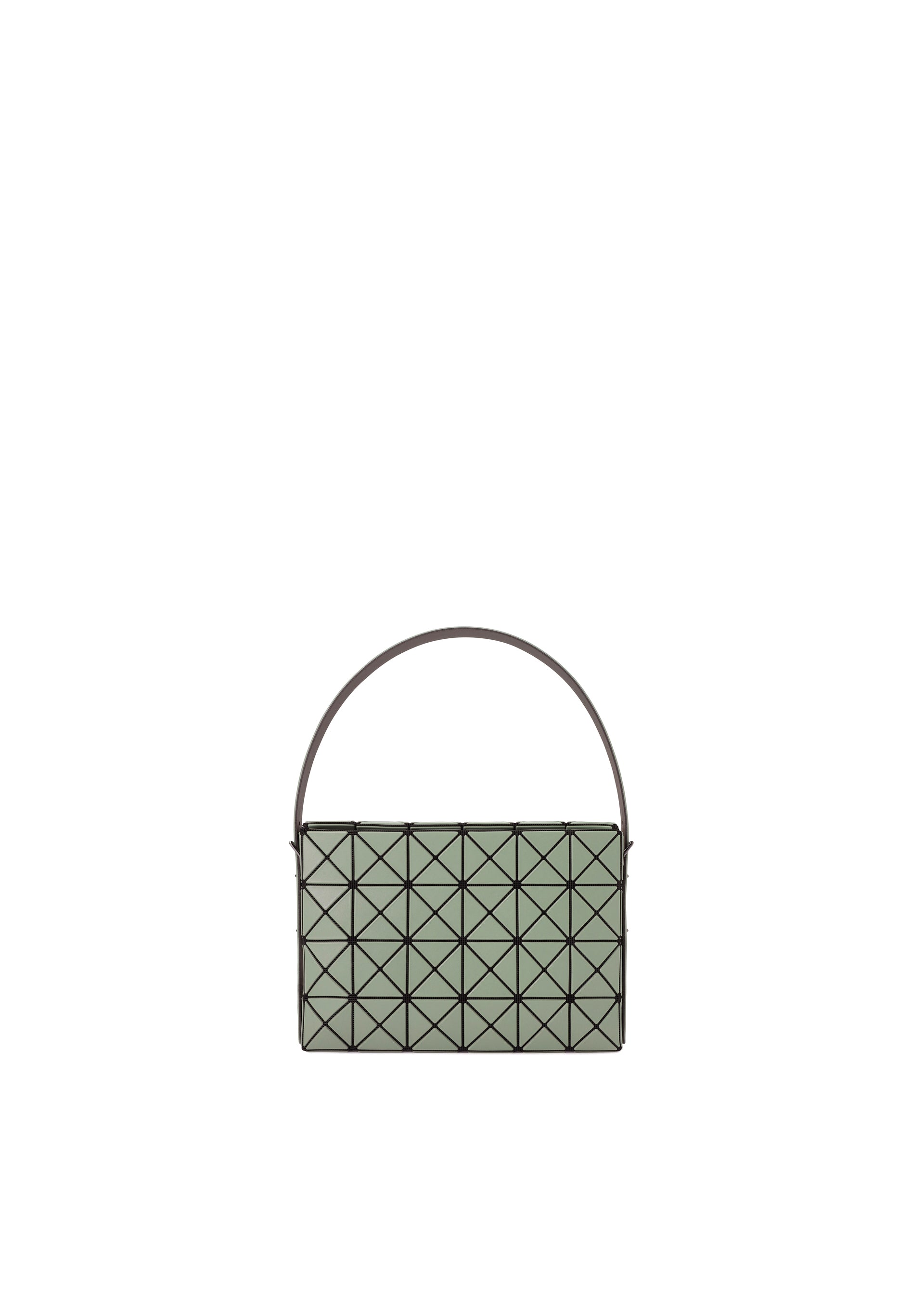 Zoomed view The OBLONG by BAO BAO ISSEY MIYAKE is a small, rectangular minimalist handbag in light green with a geometric triangular grid pattern and a single round handle, shown on a plain white background. - KHAKI （no.65）