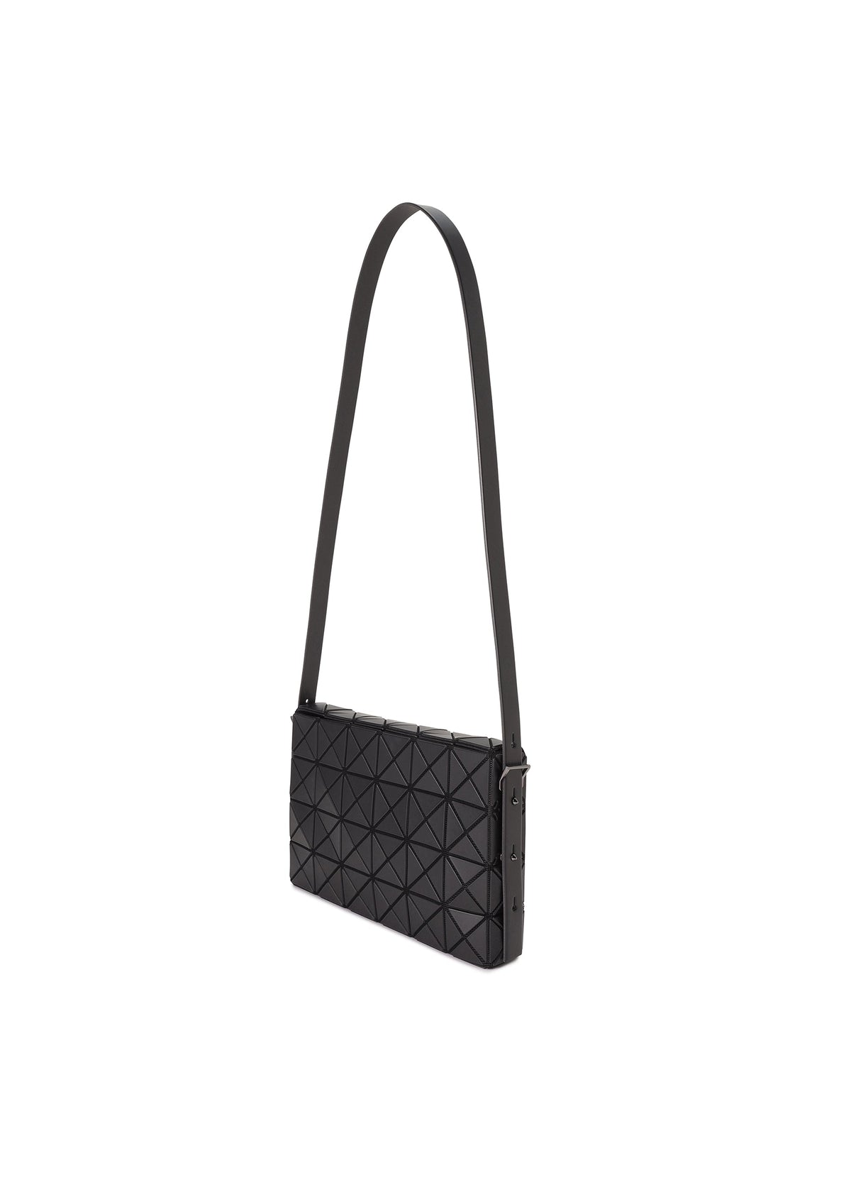 The OBLONG shoulder bag by BAO BAO ISSEY MIYAKE features a black rectangular shape, geometric triangular pattern, and long flat strap. This minimalist handbag is displayed against a plain white background. view 4 of 8