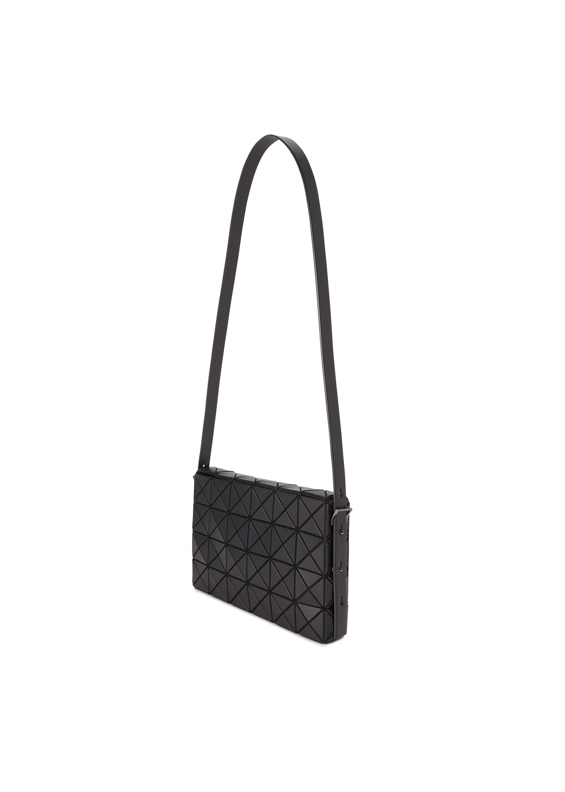 Zoomed view The OBLONG shoulder bag by BAO BAO ISSEY MIYAKE features a black rectangular shape, geometric triangular pattern, and long flat strap. This minimalist handbag is displayed against a plain white background.
