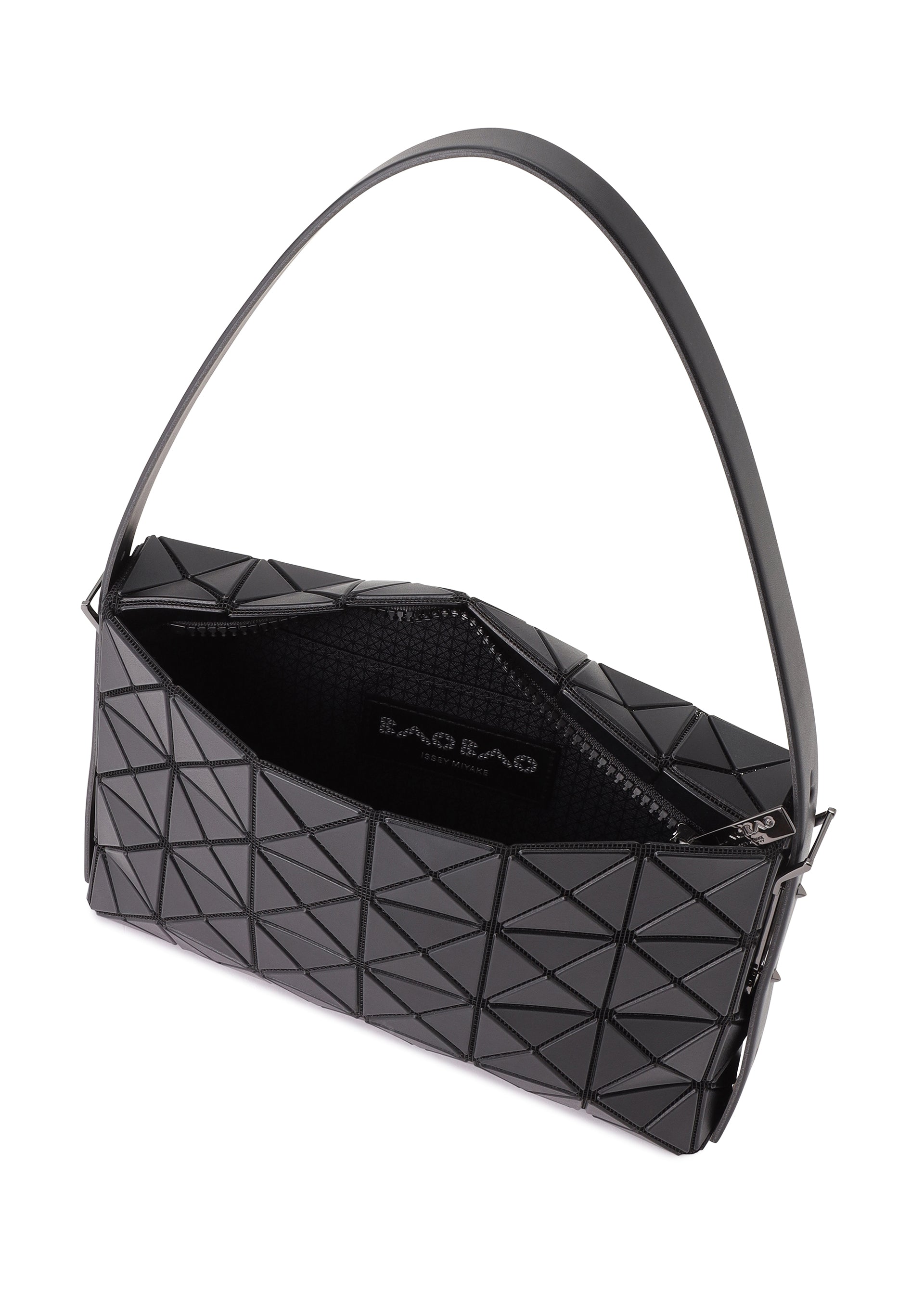 Zoomed view The OBLONG by BAO BAO ISSEY MIYAKE is a black geometric shoulder bag with triangular patterns, a wide strap, and a partially open zipper showing its patterned interior with visible logo text inside.