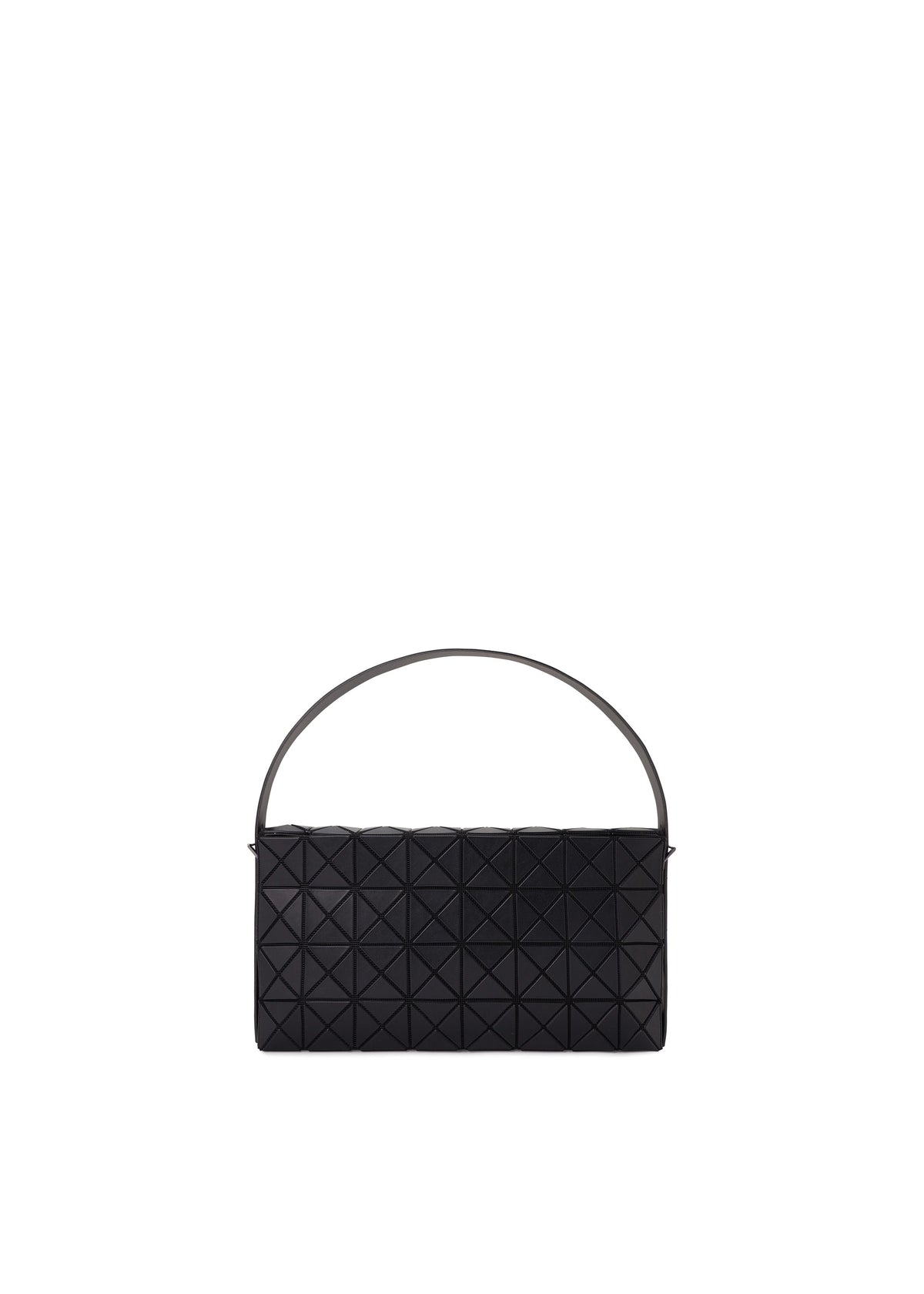 The OBLONG by BAO BAO ISSEY MIYAKE is a black rectangular shoulder bag with a single short strap and a geometric pyramid-patterned front, displayed against a plain white background. view 1 of 8