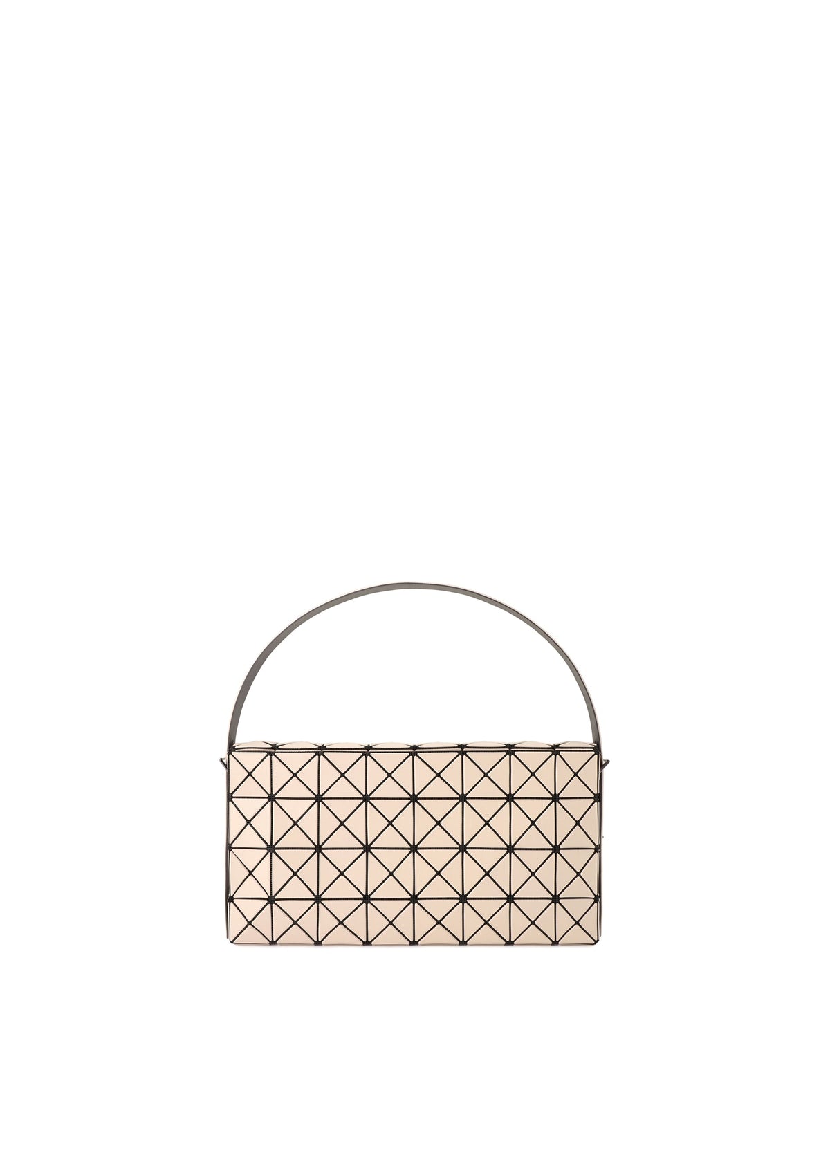 The OBLONG by BAO BAO ISSEY MIYAKE is a beige, rectangular minimalist handbag featuring a geometric triangular pattern and a single short handle, showcased on a plain white background. view 2 of 8