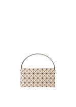 The OBLONG by BAO BAO ISSEY MIYAKE is a beige, rectangular minimalist handbag featuring a geometric triangular pattern and a single short handle, showcased on a plain white background. - BEIGE （no.41）