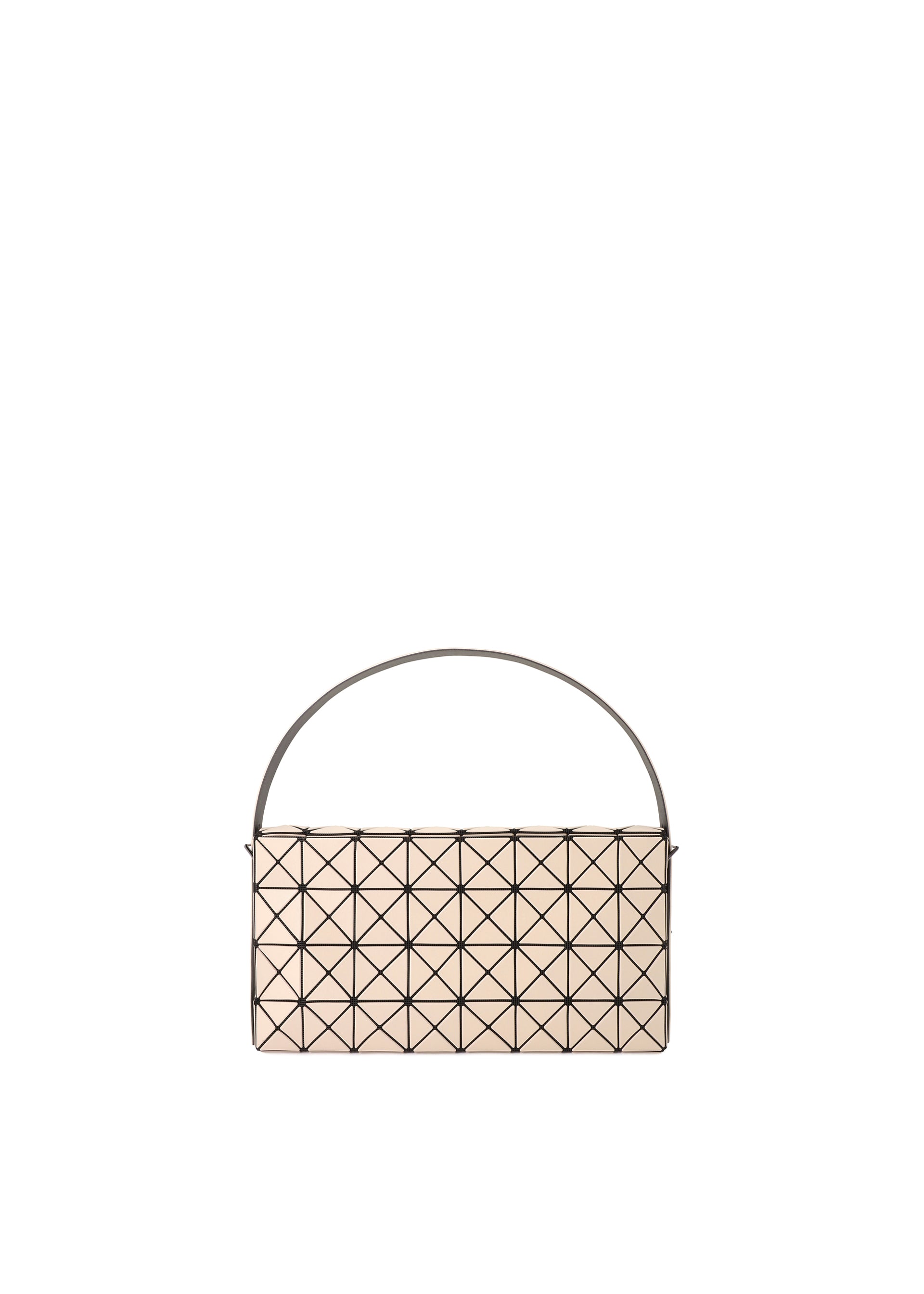Zoomed view The OBLONG by BAO BAO ISSEY MIYAKE is a beige, rectangular minimalist handbag featuring a geometric triangular pattern and a single short handle, showcased on a plain white background. - BEIGE （no.41）