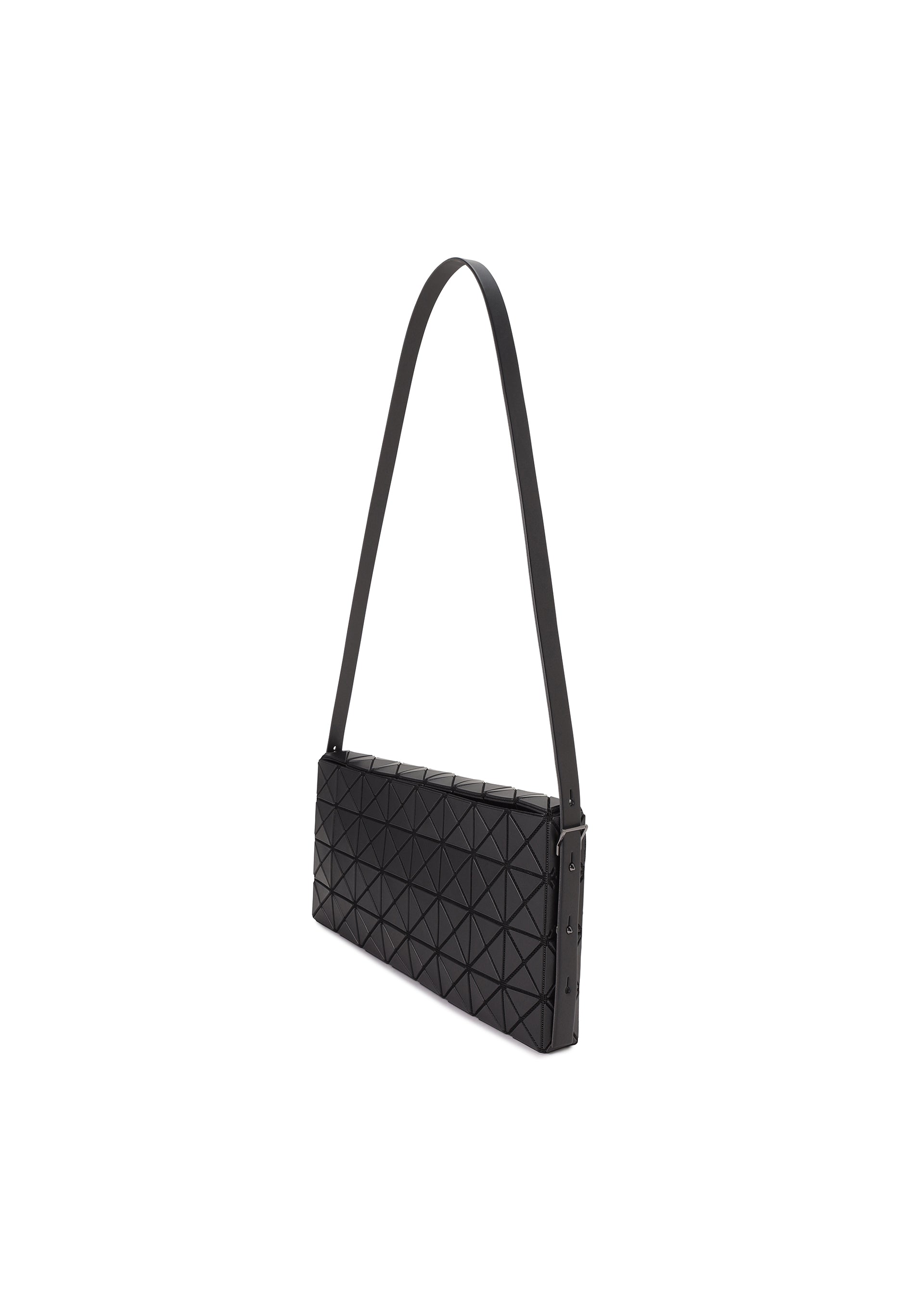 Zoomed view The OBLONG cross-body bag by BAO BAO ISSEY MIYAKE features a sleek, rectangular black design with a geometric triangular pattern and a long thin strap, showcased against a white background.