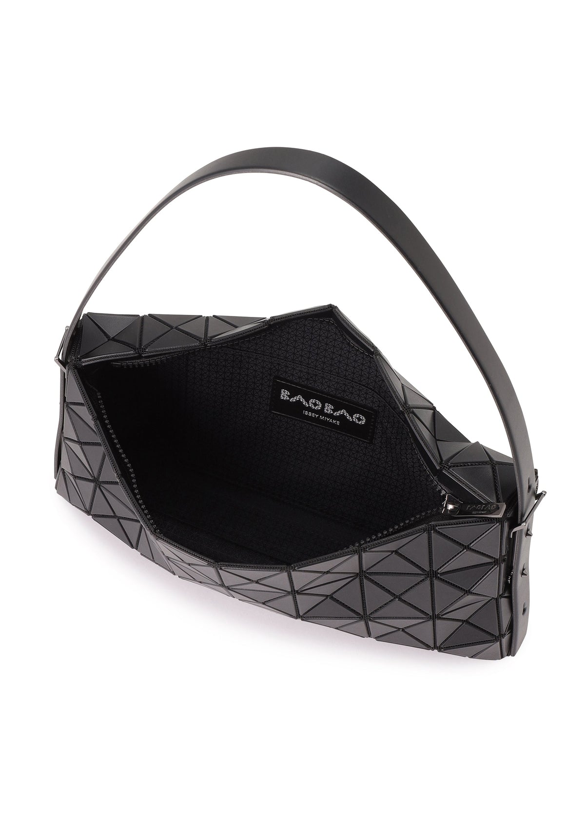 The OBLONG by BAO BAO ISSEY MIYAKE is a geometric black shoulder bag with a single strap and triangular pattern, featuring a fabric-lined interior and the brand’s label. view 6 of 8