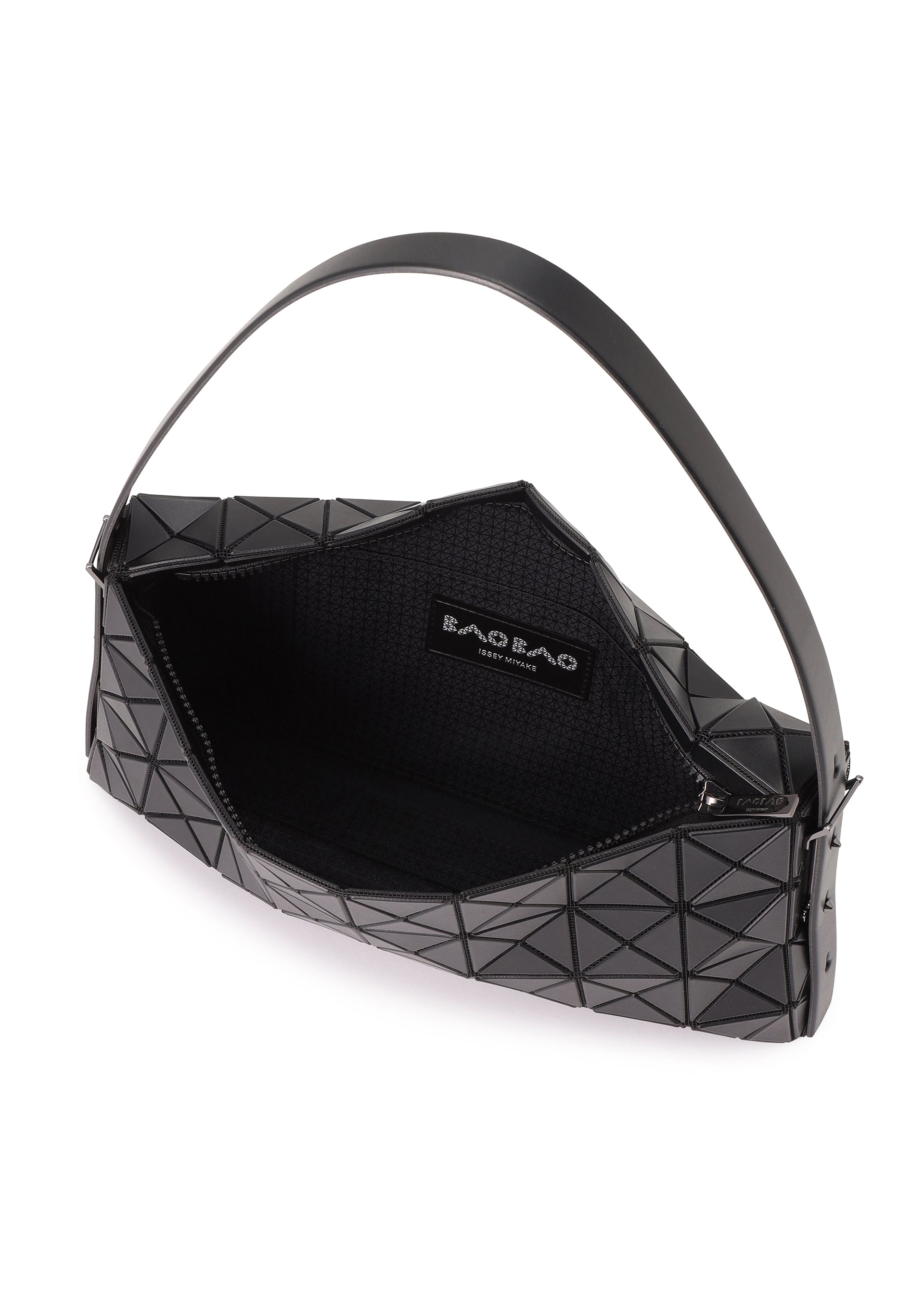 Zoomed view The OBLONG by BAO BAO ISSEY MIYAKE is a geometric black shoulder bag with a single strap and triangular pattern, featuring a fabric-lined interior and the brand’s label.
