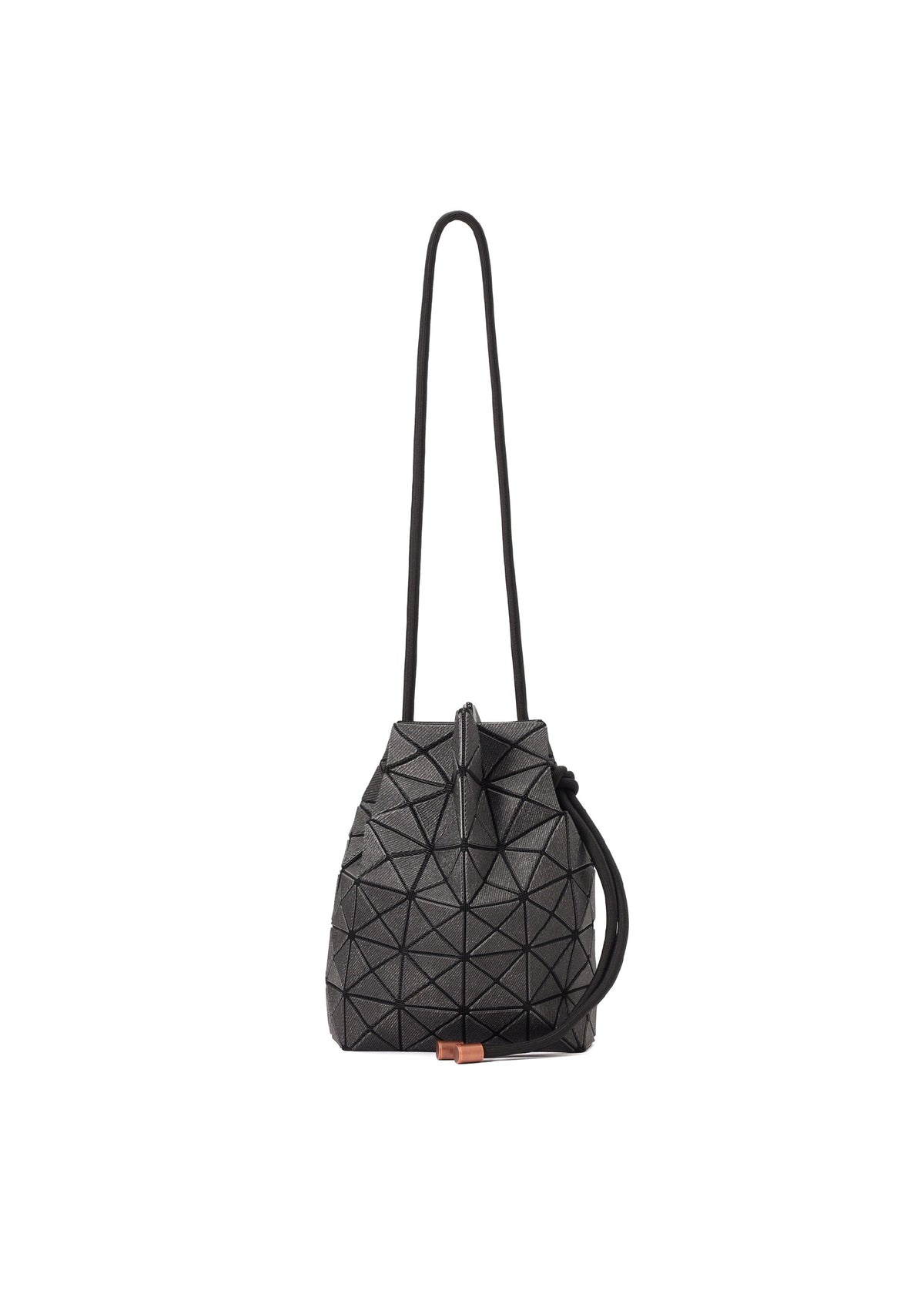 The WRING DENIM by BAO BAO ISSEY MIYAKE is a black geometric crossbody bag featuring a long strap, drawstring closure, and textured triangular pattern, shown on a white background. view 1 of 7
