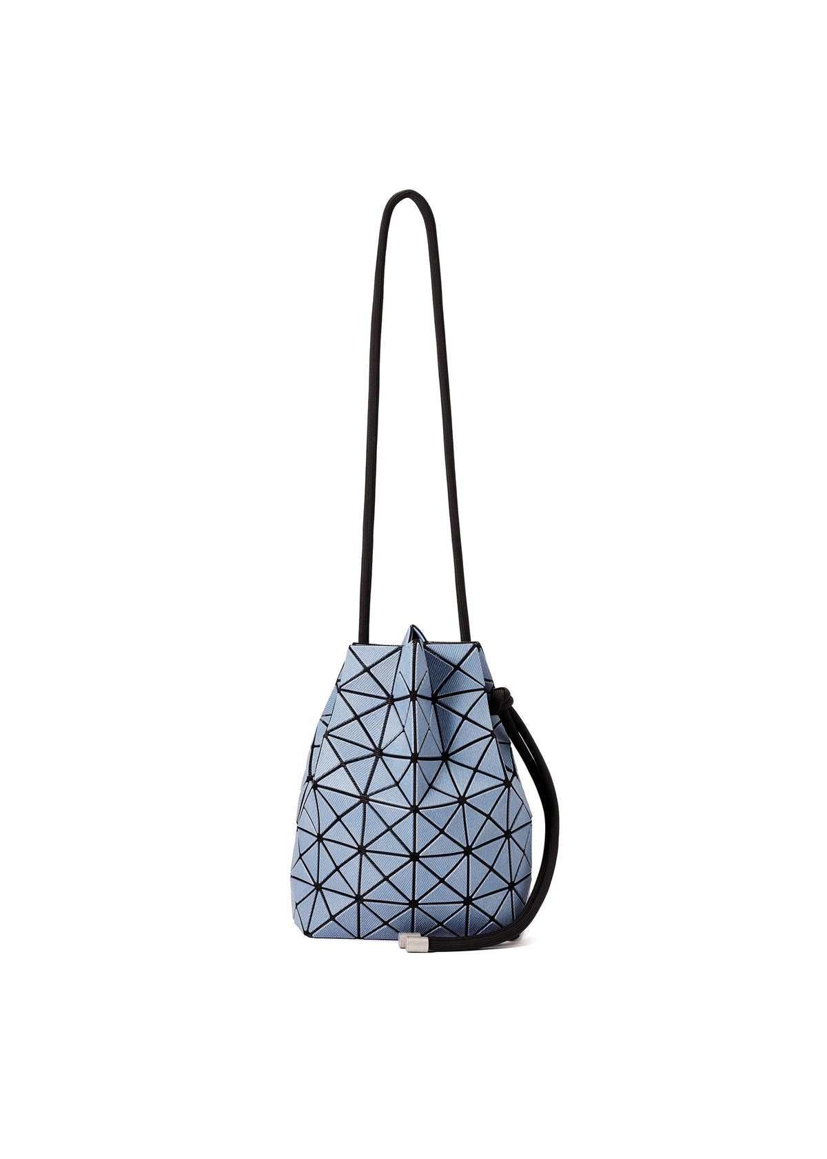 The WRING DENIM by BAO BAO ISSEY MIYAKE is a light blue crossbody bag with a geometric triangular grid, a secure drawstring closure, and a long black strap. view 2 of 7