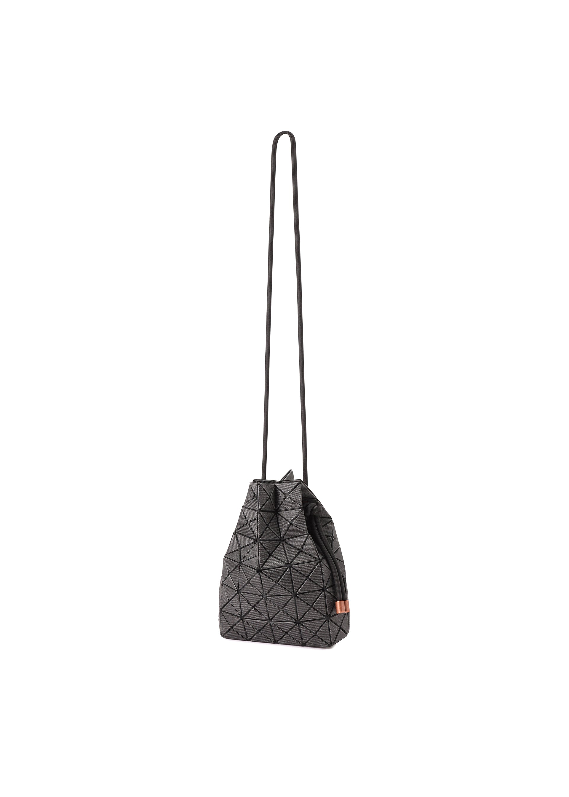 Zoomed view The WRING DENIM by BAO BAO ISSEY MIYAKE is a black geometric-patterned crossbody bag with triangular shapes, a long thin strap, and a small rectangular orange accent on the side, displayed on a plain white background.