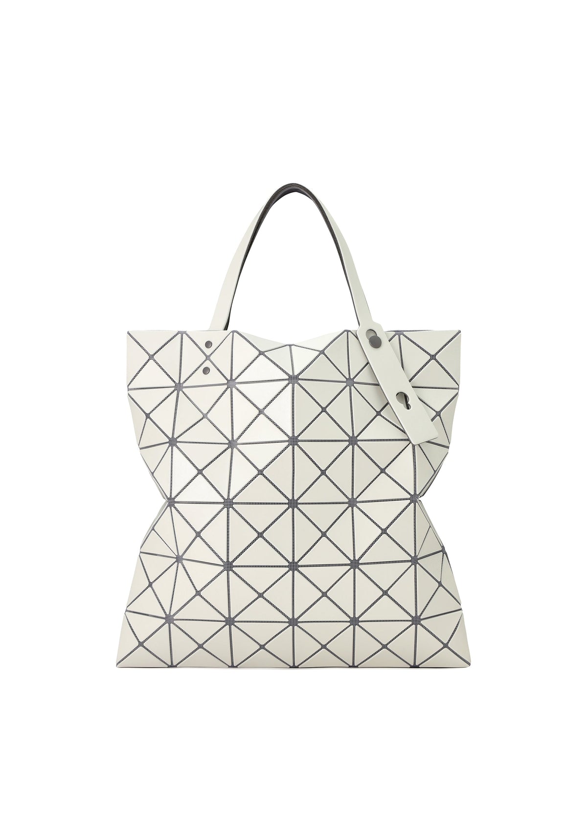 The LUCENT W COLOR by BAO BAO ISSEY MIYAKE is a white tote with black geometric triangles, two handles, a modern structured design, and fits a 13-inch laptop. view 2 of 15