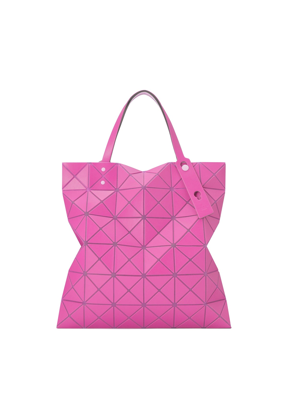 The LUCENT W COLOR tote by BAO BAO ISSEY MIYAKE features a bright pink, leather-like geometric design with triangular patterns, two handles (one with a tag), and easily fits a 13-inch laptop. view 3 of 15