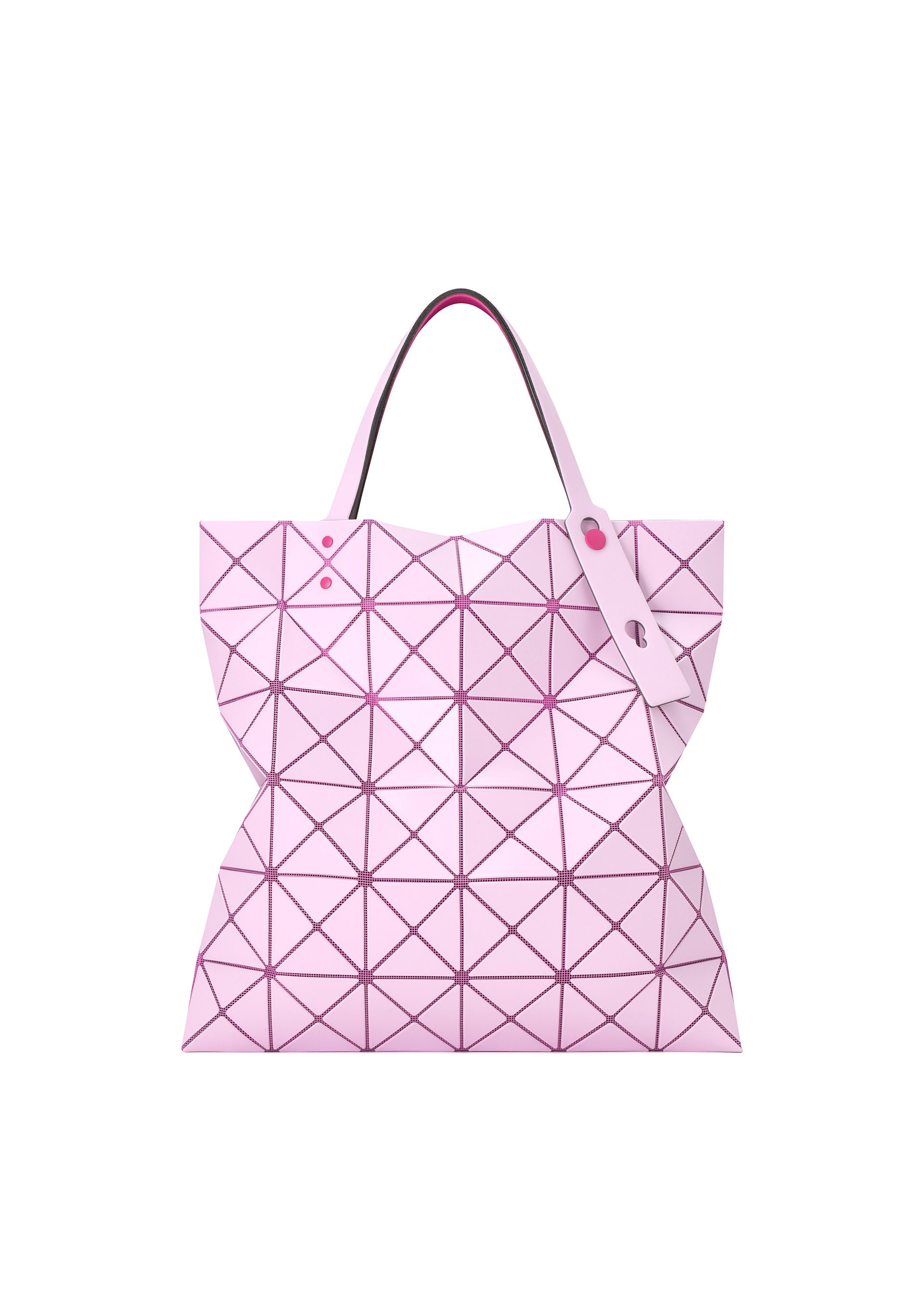 Zoomed view The BAO BAO ISSEY MIYAKE LUCENT W COLOR is a pink geometric tote with triangular panels, dual handles, a leather-like texture, and a modern flexible design that fits a 13-inch laptop.