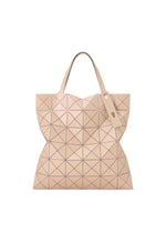 The BAO BAO ISSEY MIYAKE LUCENT W COLOR is a beige tote with geometric triangles, two handles, a matching tag, and a leather-like finish. Spacious interior fits a 13-inch laptop comfortably. - BEIGE×LIGHT BEIGE （no.49）