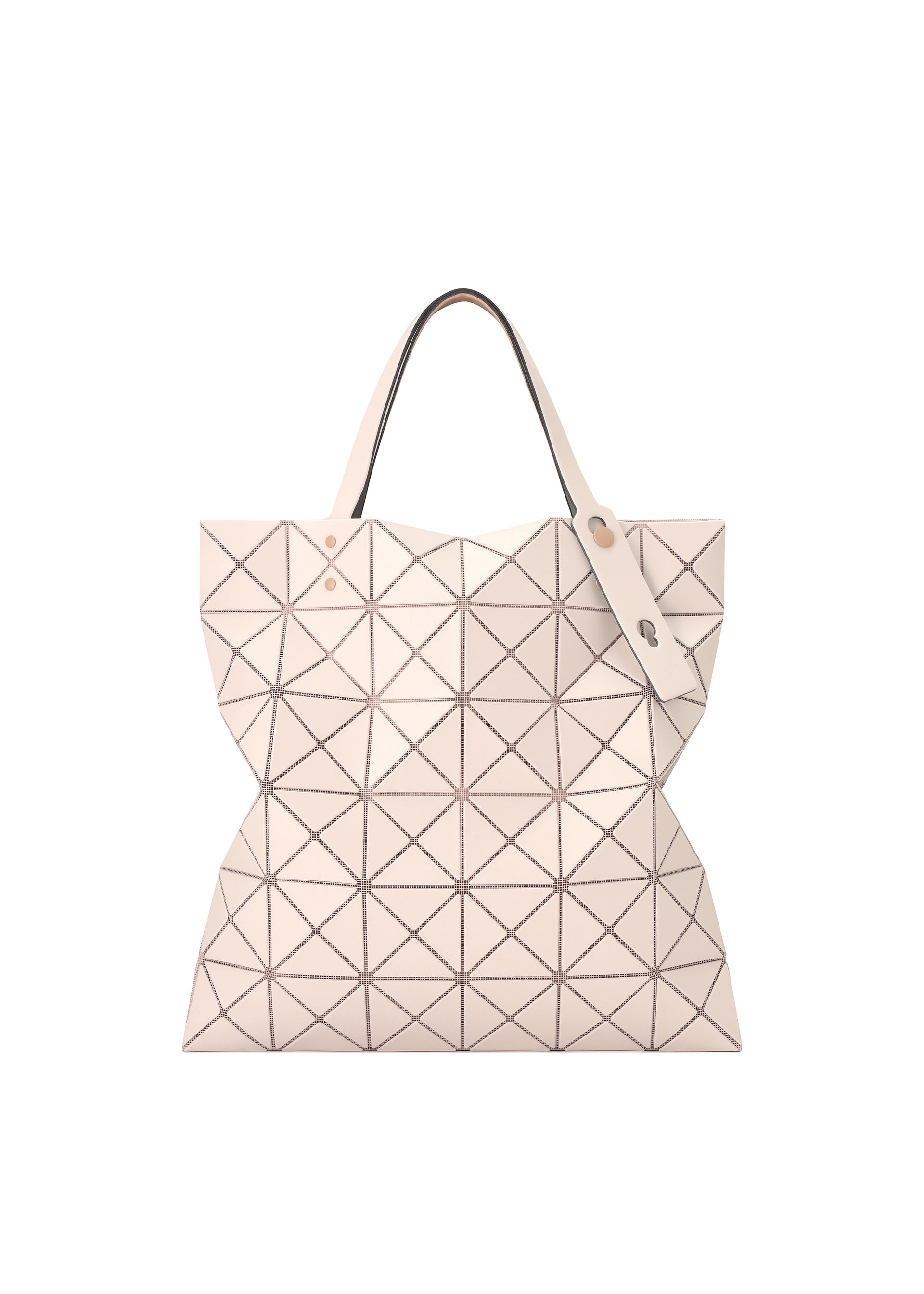 Zoomed view The LUCENT W COLOR by BAO BAO ISSEY MIYAKE is a beige geometric tote with leather-like triangular panels, two handles, and an angular design that fits a 13-inch laptop.