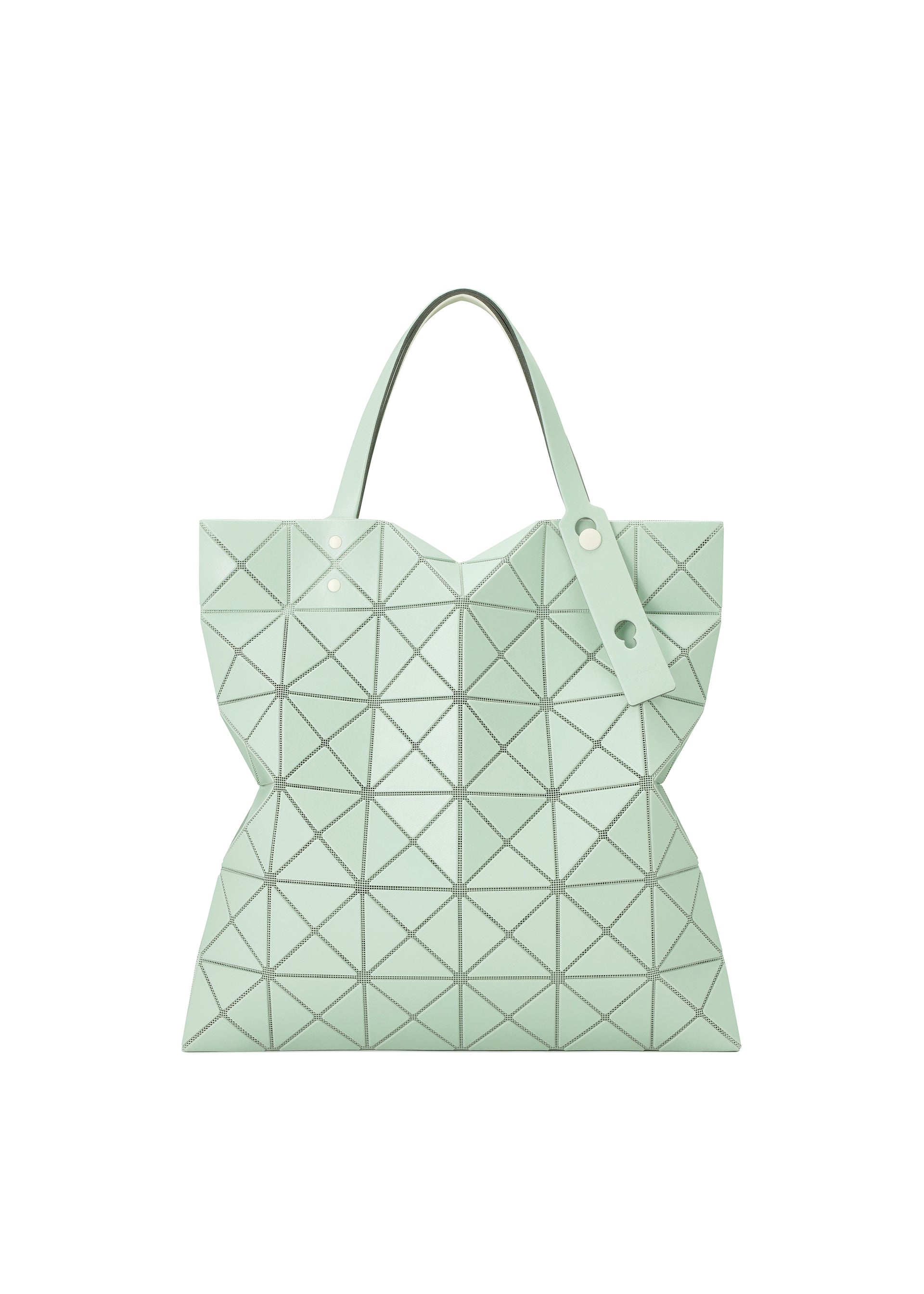 Zoomed view The LUCENT W COLOR by BAO BAO ISSEY MIYAKE is a light green geometric tote with leather-like triangular panels, two handles, a matching tag with metal grommets, and is spacious enough for a 13-inch laptop. - GREEN×LIGHT GREEN （no.69）