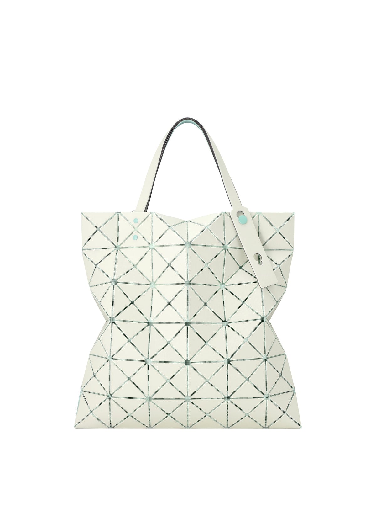 The LUCENT W COLOR tote by BAO BAO ISSEY MIYAKE features white leather-like geometric panels, two handles with a white tag, and a grid design that fits a 13-inch laptop. view 8 of 15