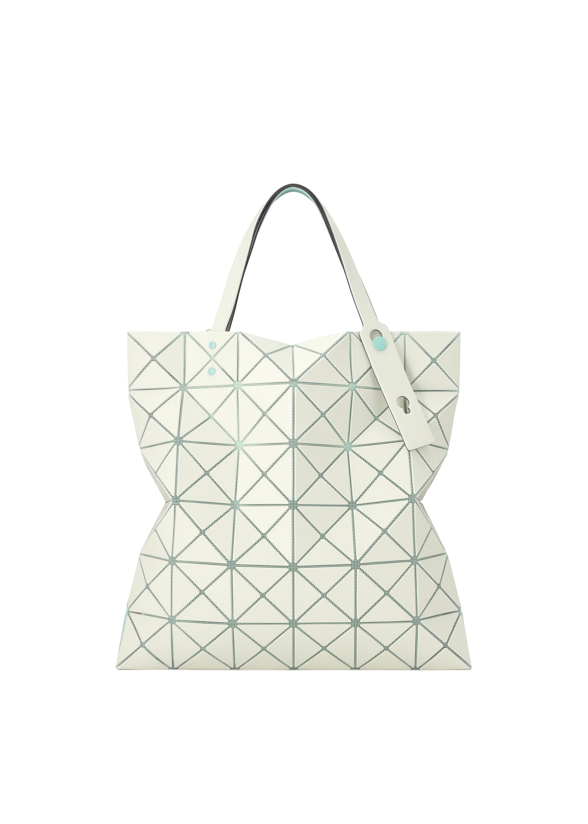 Zoomed view The LUCENT W COLOR tote by BAO BAO ISSEY MIYAKE features white leather-like geometric panels, two handles with a white tag, and a grid design that fits a 13-inch laptop.