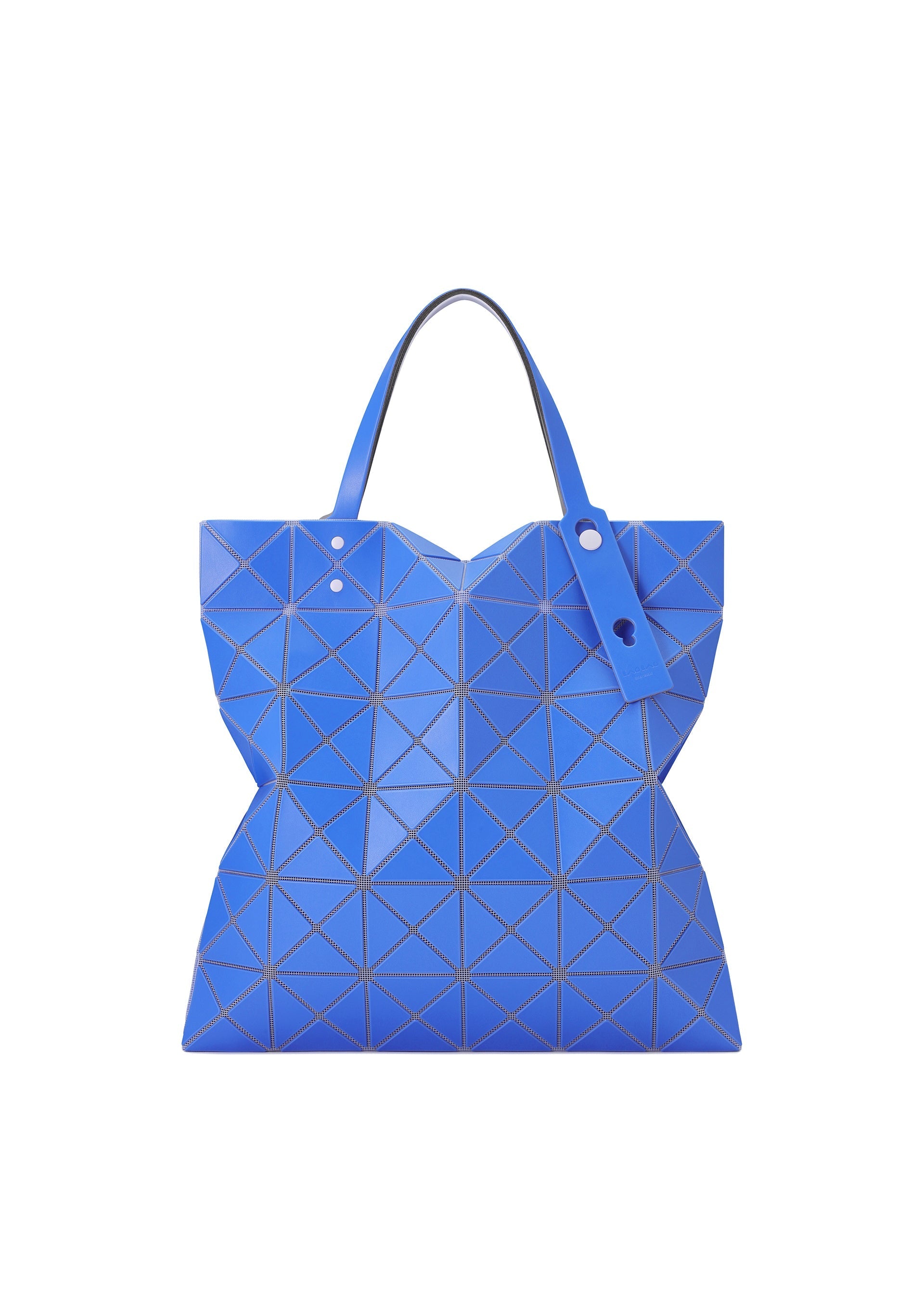 Zoomed view The LUCENT W COLOR tote by BAO BAO ISSEY MIYAKE features blue geometric triangular panels, two handles with a matching tag, and a stylish leather-like design that fits a 13-inch laptop—ideal for work or daily outings. - BLUE×LIGHT BLUE （no.79）
