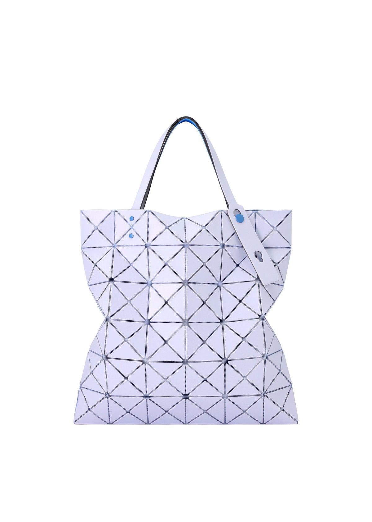 The LUCENT W COLOR tote by BAO BAO ISSEY MIYAKE features a geometric triangular pattern, light blue and white panels with black outlines, two handles, a decorative strap and button, and fits a 13-inch laptop. view 10 of 15