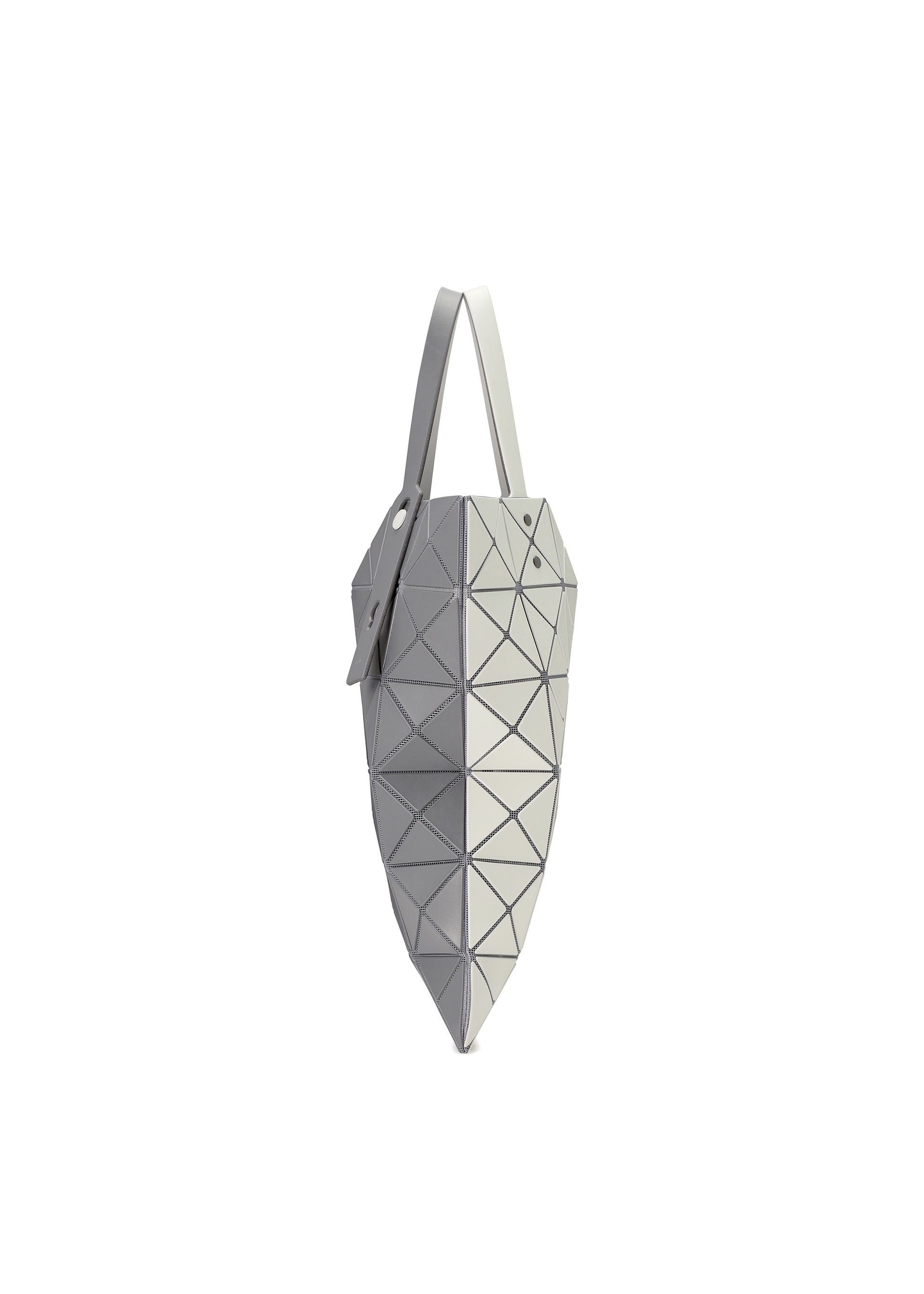 Zoomed view The LUCENT W COLOR tote by BAO BAO ISSEY MIYAKE features leather-like geometric panels in light grey and off-white, a short handle, modern design, and fits a 13-inch laptop. Shown upright against a white background.
