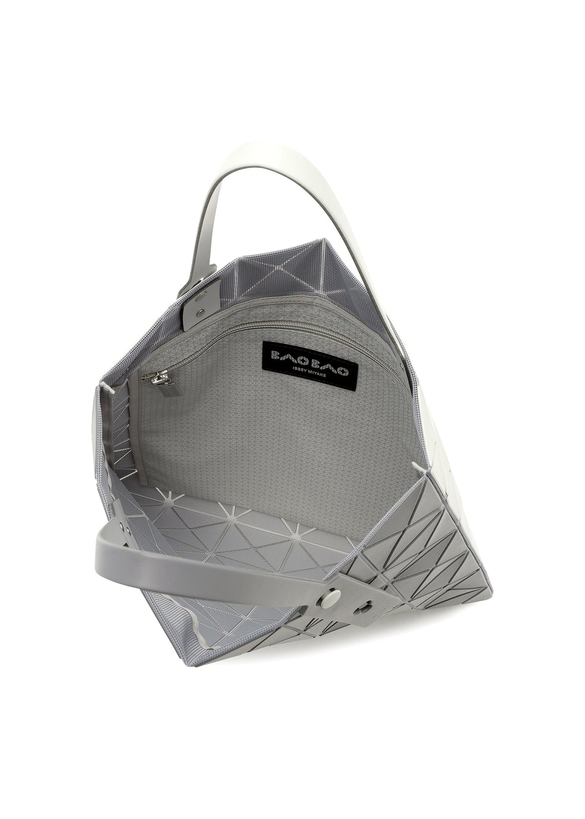 The LUCENT W COLOR by BAO BAO ISSEY MIYAKE is a geometric silver tote with a leather-like finish and white handle. Shown open, it reveals a light gray lining, zip pocket, black BAO BAO label, and fits a 13-inch laptop. view 14 of 15
