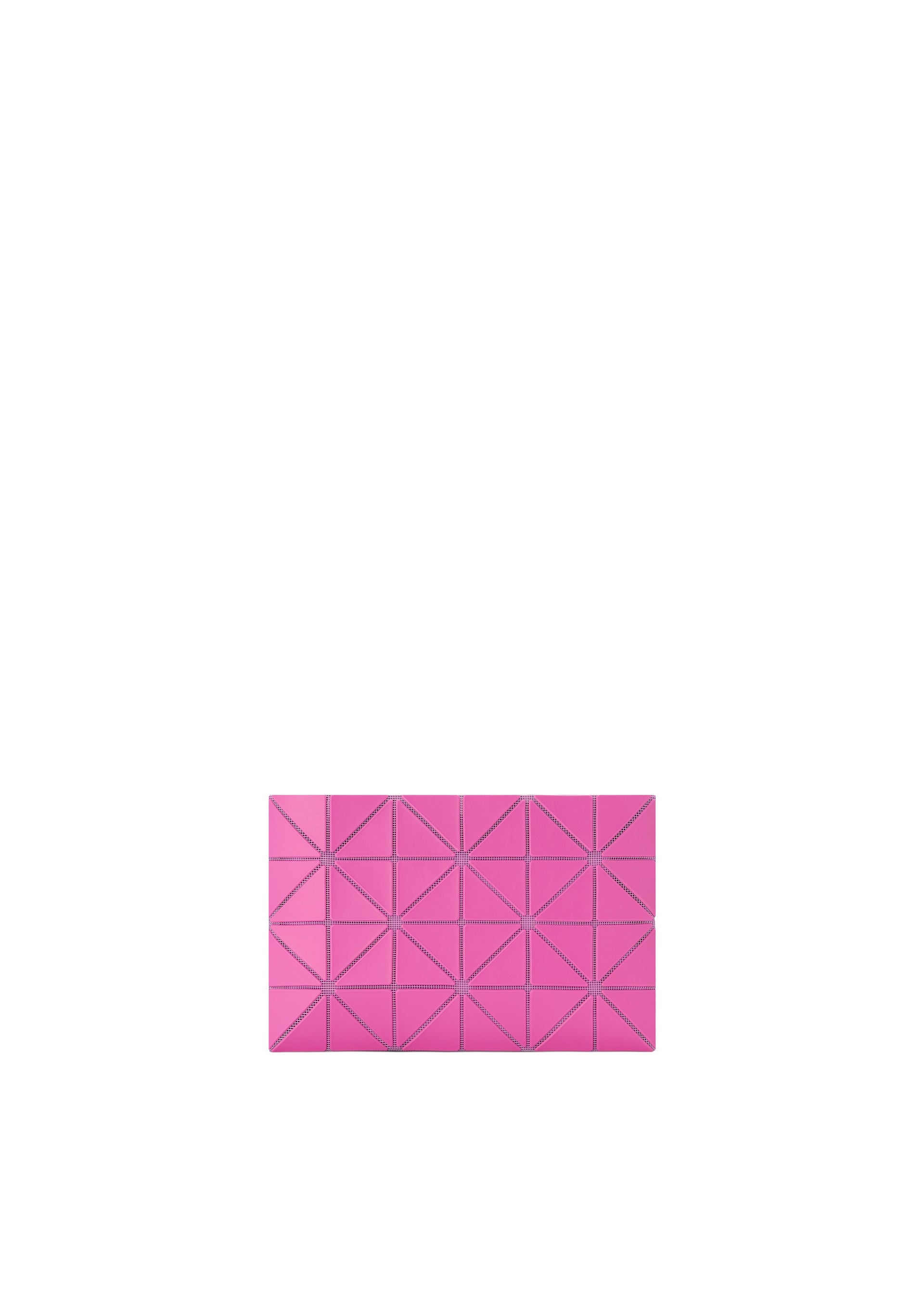 Zoomed view A small pink LUCENT W COLOR pouch by BAO BAO ISSEY MIYAKE, featuring a geometric triangular pattern, is centered near the bottom of a white background. - MAGENTA×LIGHT MAGENTA （no.29）