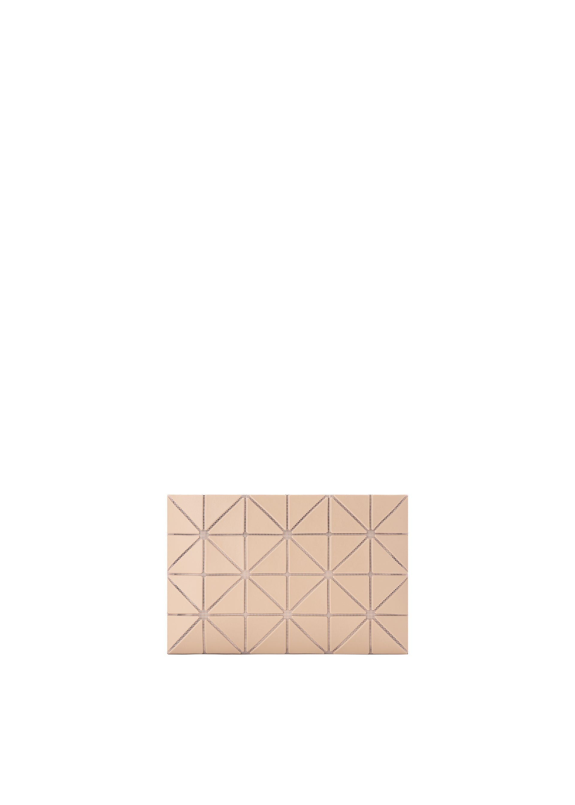 Zoomed view The BAO BAO ISSEY MIYAKE LUCENT W COLOR is a beige matte pouch featuring intersecting diagonal and vertical lines that form geometric triangles and rectangles, centered at the bottom of a white background. - BEIGE×LIGHT BEIGE （no.49）