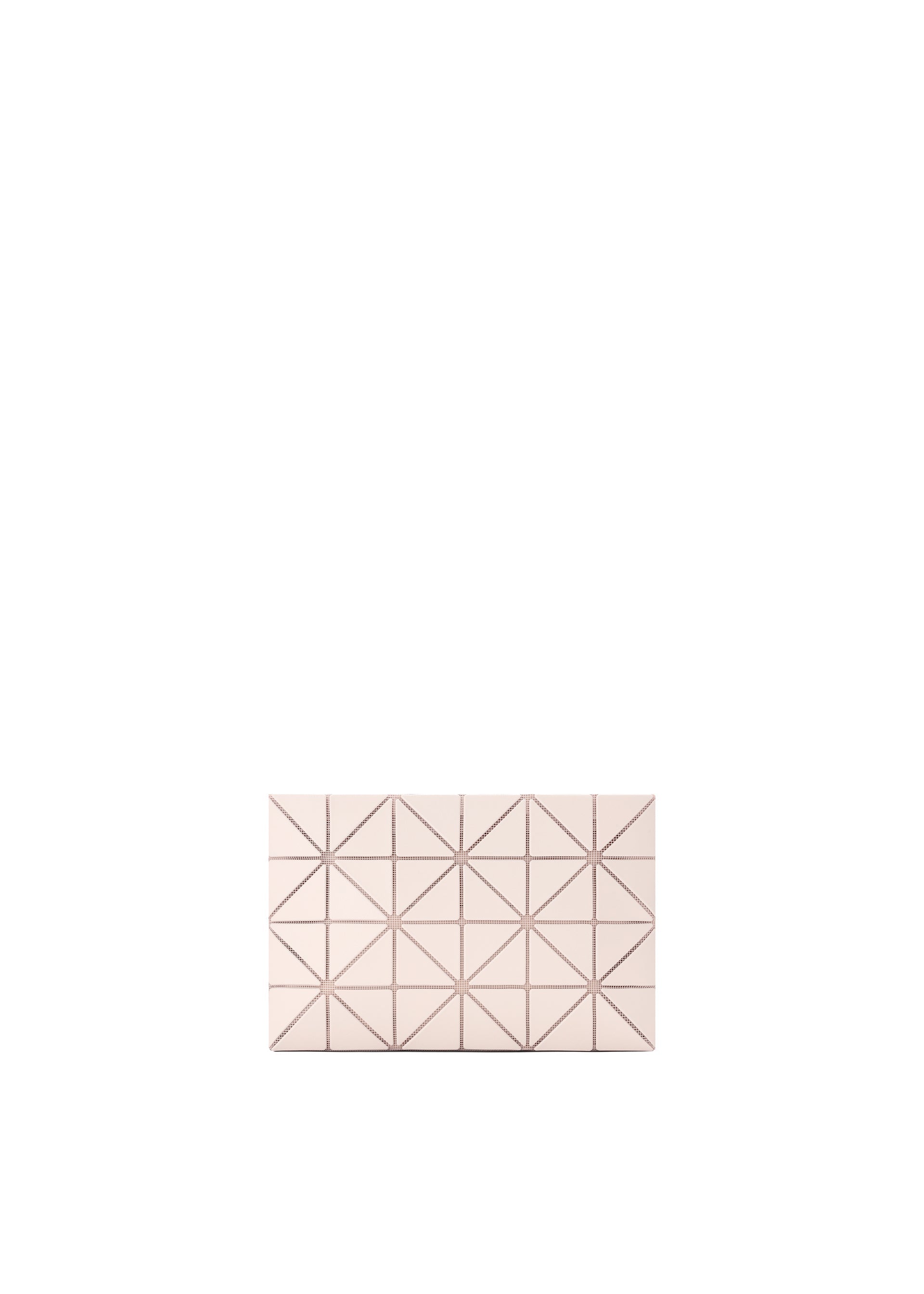 Zoomed view The LUCENT W COLOR by BAO BAO ISSEY MIYAKE is a small, rectangular blush pink pouch clutch with a geometric triangular pattern, displayed against a plain white background.