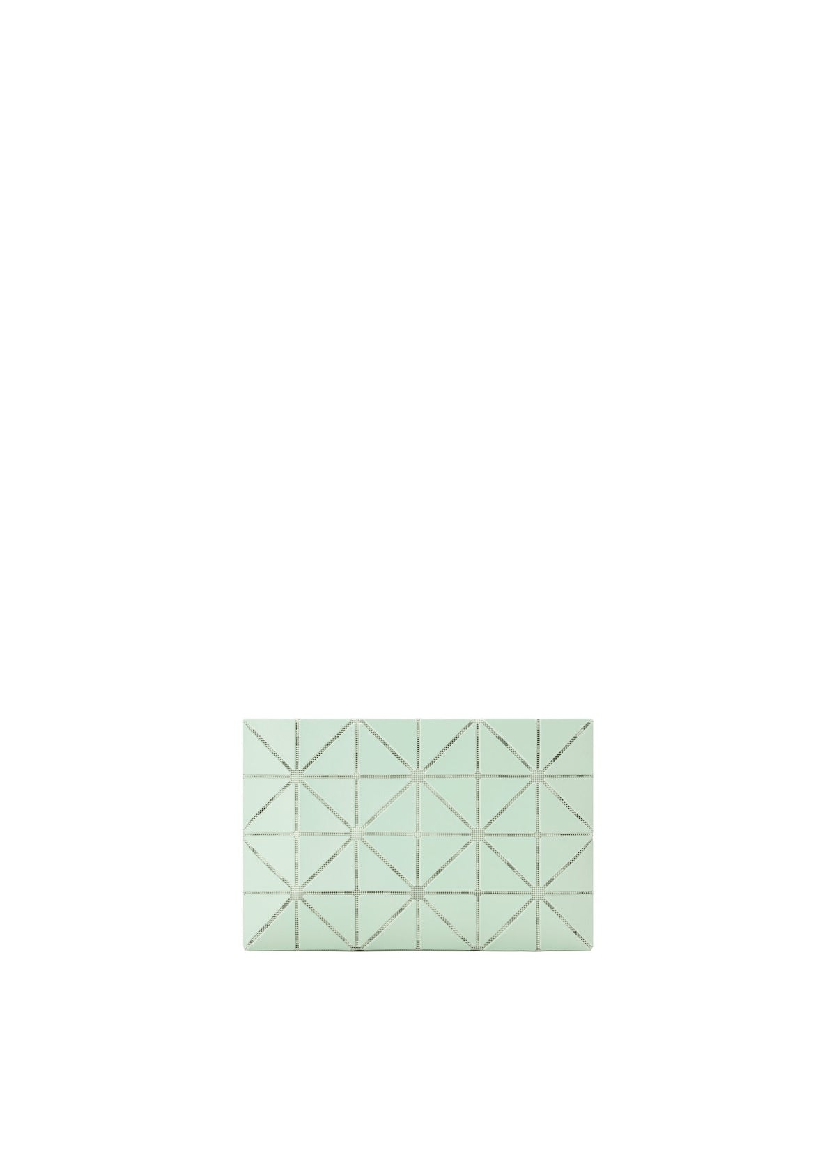 The BAO BAO ISSEY MIYAKE LUCENT W COLOR is a small, rectangular, light green matte pouch with a geometric triangular pattern, shown centered on a plain white background. view 7 of 13