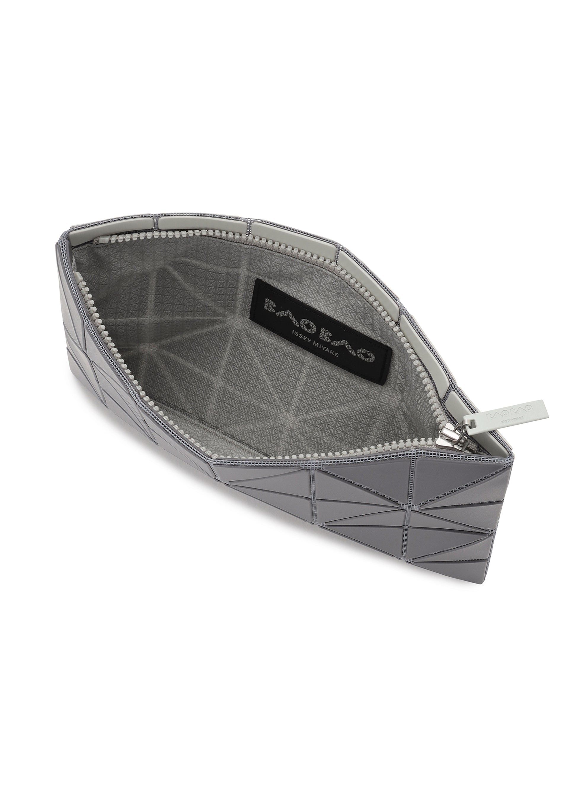 Zoomed view Open gray LUCENT W COLOR zippered pouch by BAO BAO ISSEY MIYAKE featuring a matte finish, geometric triangular grid design, patterned fabric interior, and a black brand label—perfect as a stylish passport pouch.