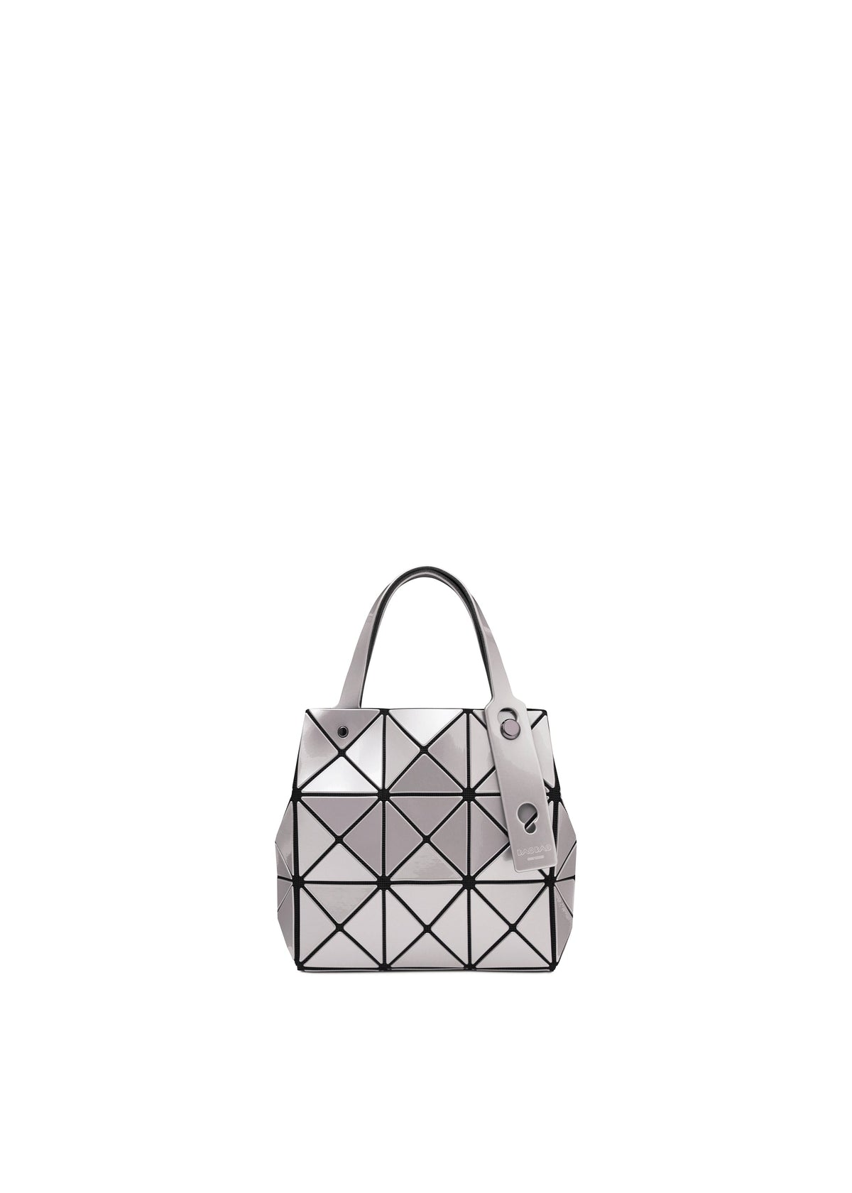 The CARAT by BAO BAO ISSEY MIYAKE is a small, silver metallic handbag with black outlines, two handles, an inner pocket, and a decorative silver tag, shown against a plain white background. view 1 of 9