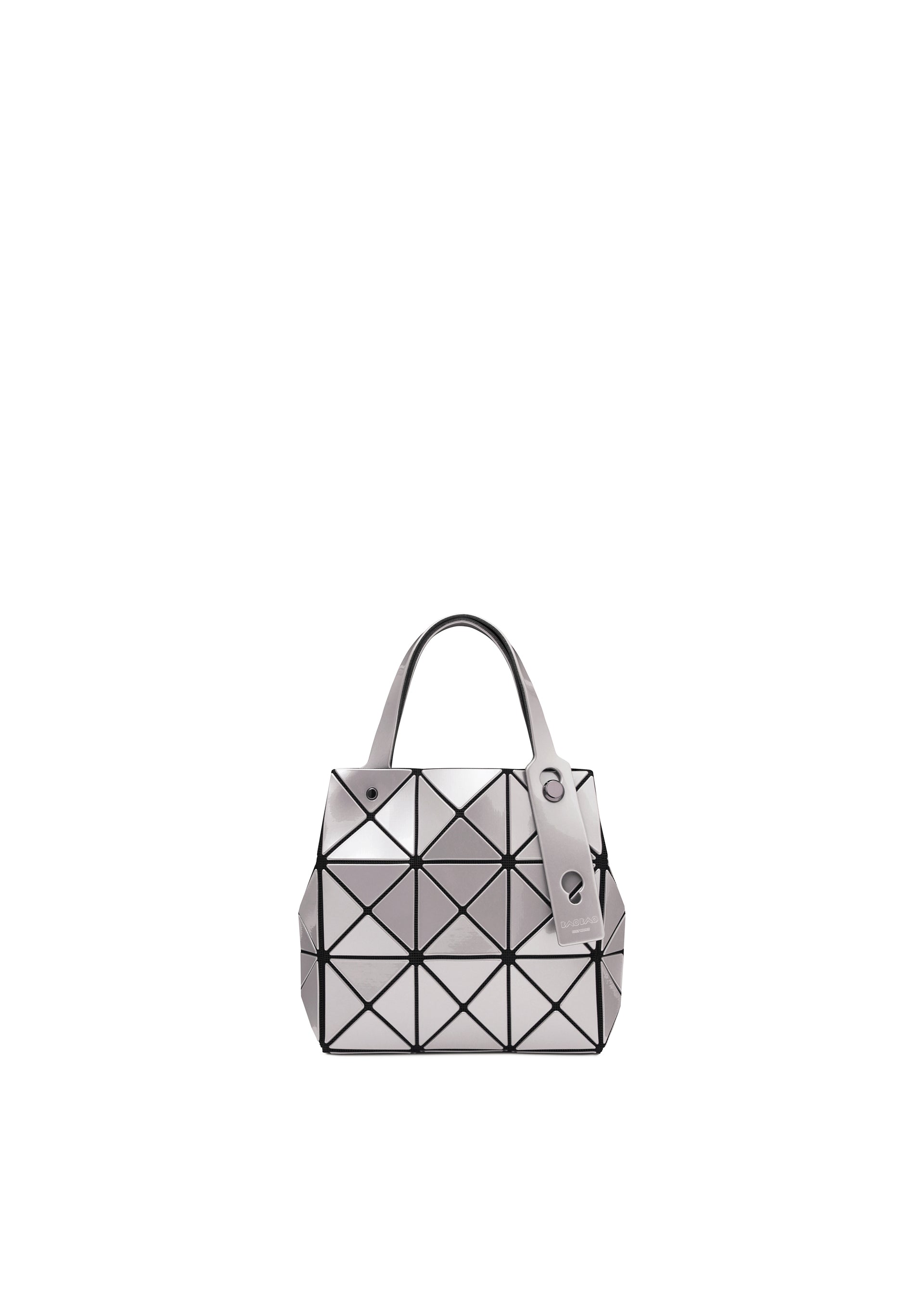 Zoomed view The CARAT by BAO BAO ISSEY MIYAKE is a small, silver metallic handbag with black outlines, two handles, an inner pocket, and a decorative silver tag, shown against a plain white background. - GRAY (no.12)