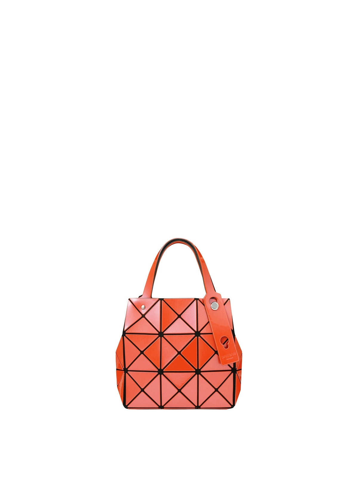 The CARAT handbag by BAO BAO ISSEY MIYAKE features orange and pink geometric panels, black lines, two handles, a matching orange tag, and an inner pocket. It is displayed centered on a plain white background. view 2 of 9