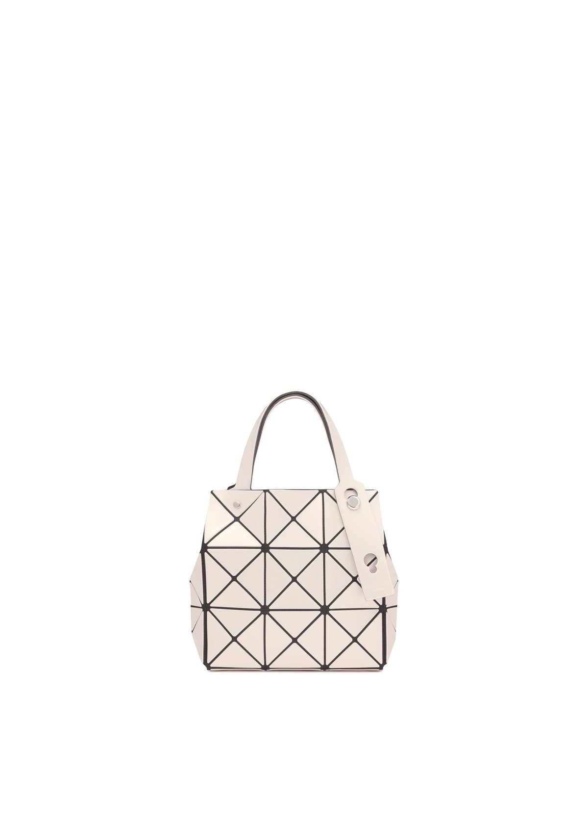 The CARAT by BAO BAO ISSEY MIYAKE is a small cream-colored handbag featuring two handles, a geometric black triangular grid pattern, and an inner pocket, shown against a plain white background. view 3 of 9