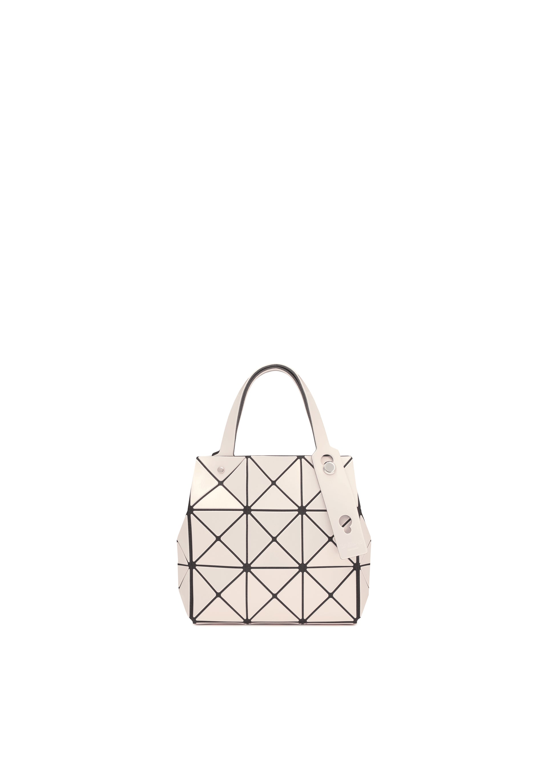 Zoomed view The CARAT by BAO BAO ISSEY MIYAKE is a small cream-colored handbag featuring two handles, a geometric black triangular grid pattern, and an inner pocket, shown against a plain white background. - LIGHT BEIGE (no.42)
