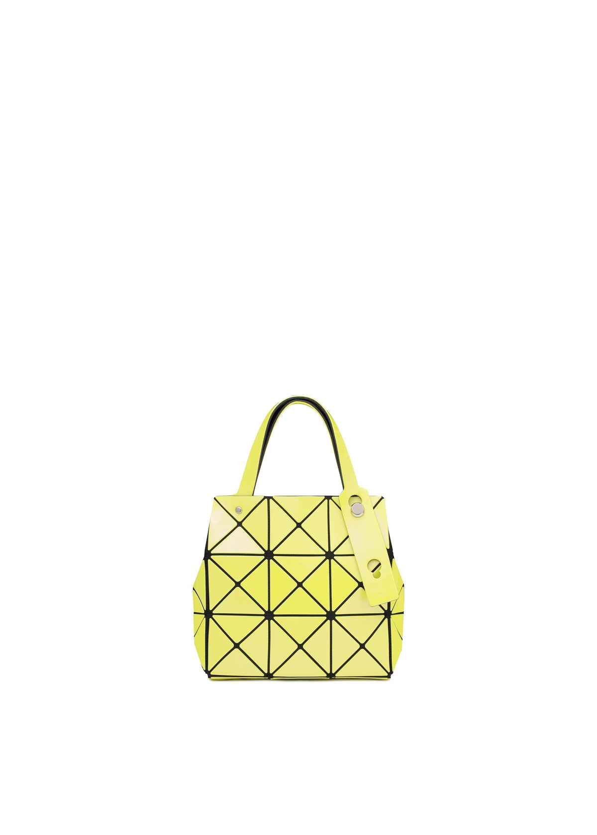 The CARAT by BAO BAO ISSEY MIYAKE is a small yellow metallic handbag with geometric patterns, black lines, two handles, an inner pocket, and a yellow tag, shown on a plain white background. view 4 of 9