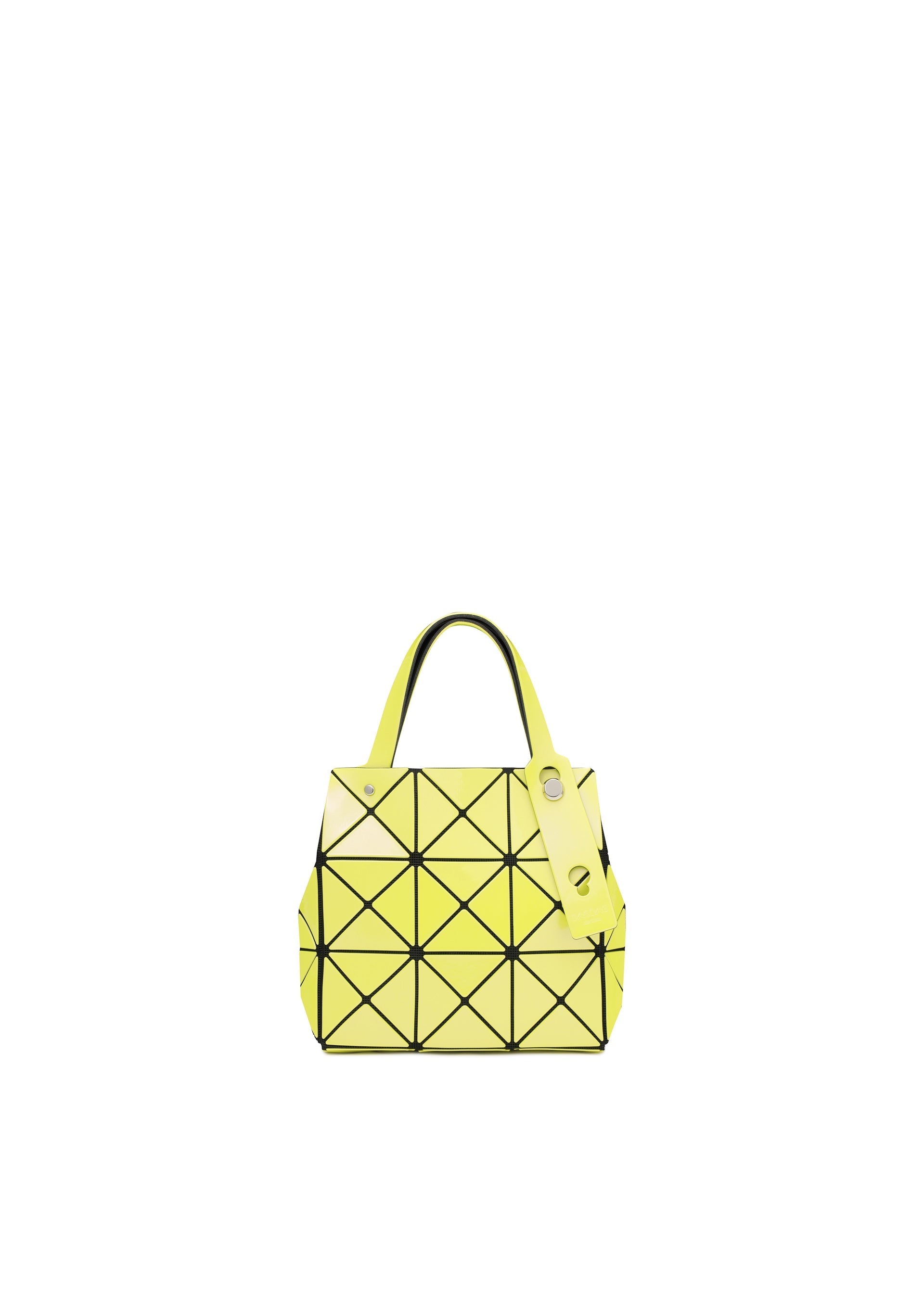 Zoomed view The CARAT by BAO BAO ISSEY MIYAKE is a small yellow metallic handbag with geometric patterns, black lines, two handles, an inner pocket, and a yellow tag, shown on a plain white background. - YELLOW (no.52)