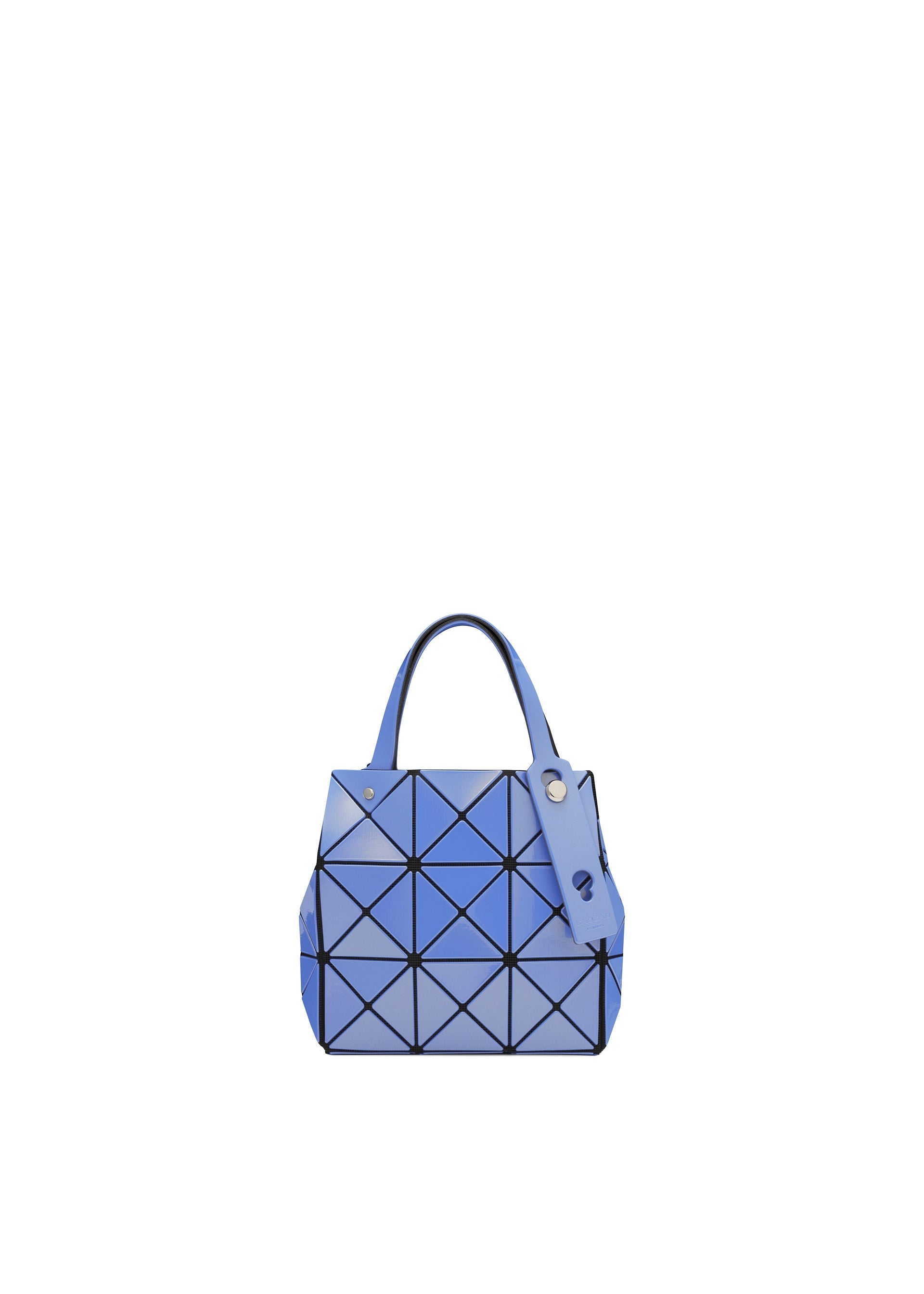 Zoomed view The CARAT by BAO BAO ISSEY MIYAKE is a small blue geometric metallic handbag with black grid lines, two handles, an inner pocket, and a tag attached, shown against a plain white background. - BLUE (no.72)