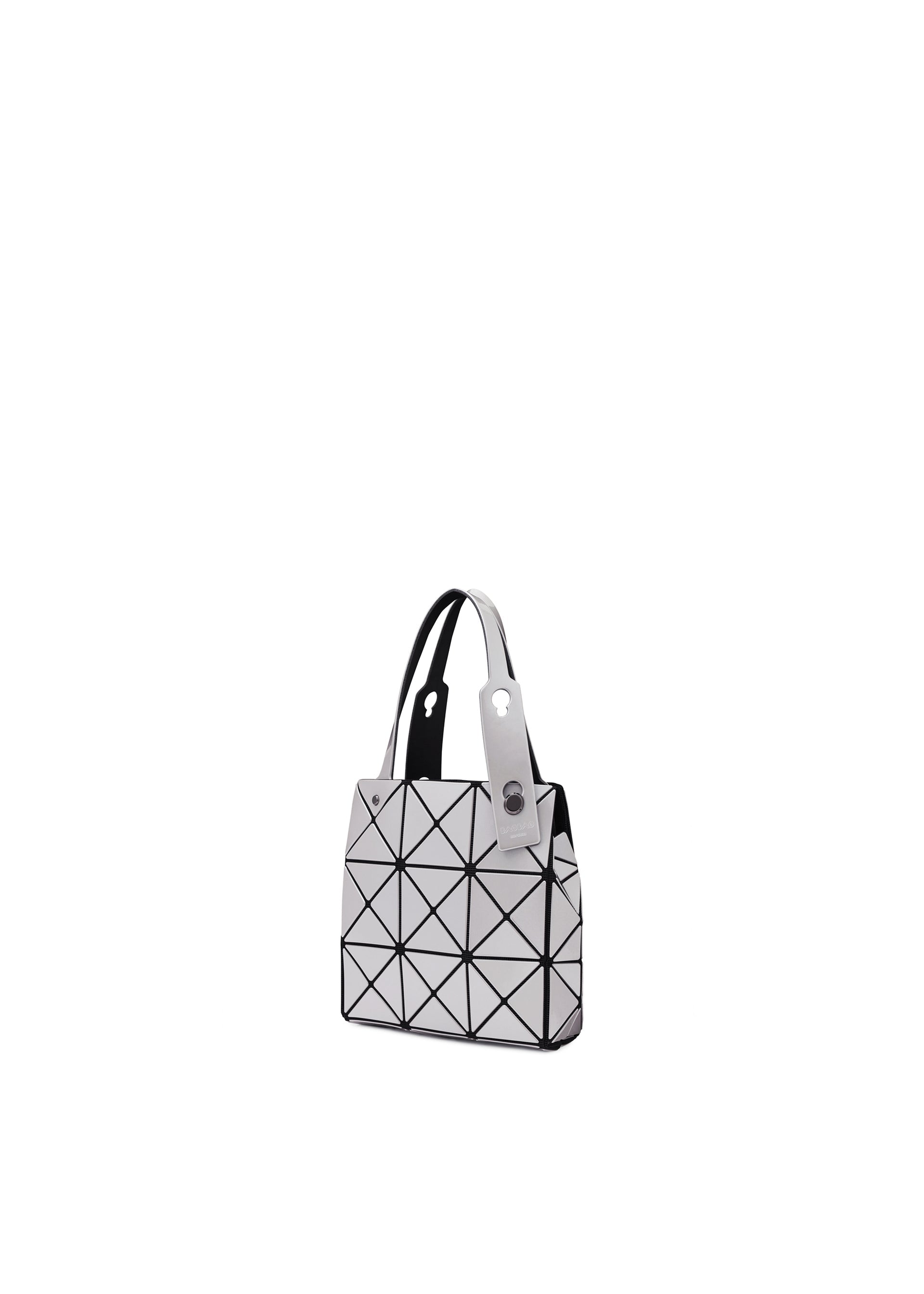 Zoomed view The CARAT handbag by BAO BAO ISSEY MIYAKE is a small white geometric bag with black triangular lines and black handles, featuring an inner pocket. It is displayed against a plain white background.