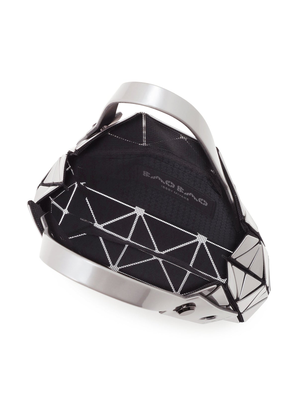 The CARAT by BAO BAO ISSEY MIYAKE is a geometric metallic handbag with triangular panels, black mesh interior, two metallic handles, an inner pocket, and the Bao Bao logo inside. view 8 of 9