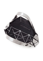 The CARAT by BAO BAO ISSEY MIYAKE is a geometric metallic handbag with triangular panels, black mesh interior, two metallic handles, an inner pocket, and the Bao Bao logo inside.