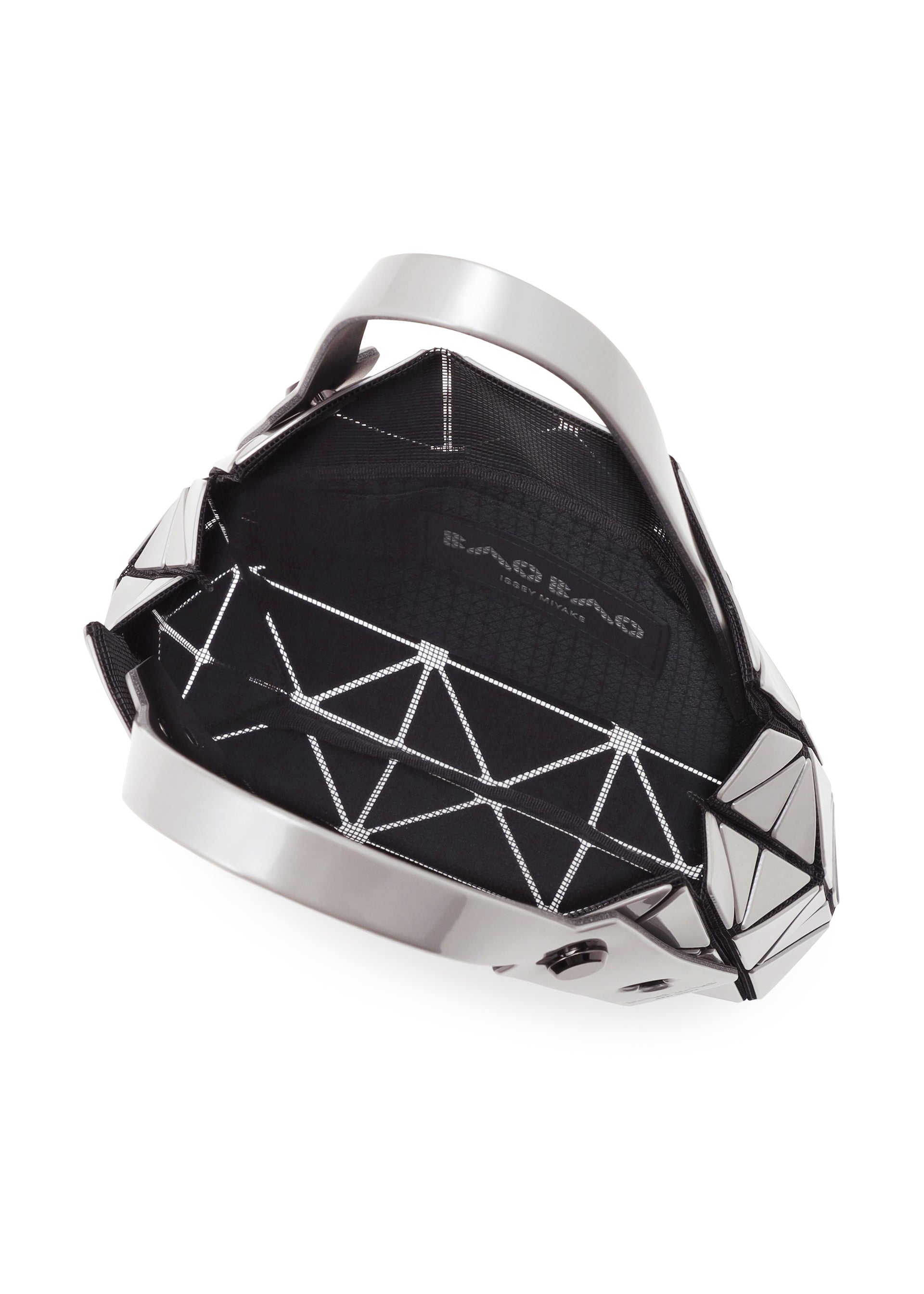 Zoomed view The CARAT by BAO BAO ISSEY MIYAKE is a geometric metallic handbag with triangular panels, black mesh interior, two metallic handles, an inner pocket, and the Bao Bao logo inside.