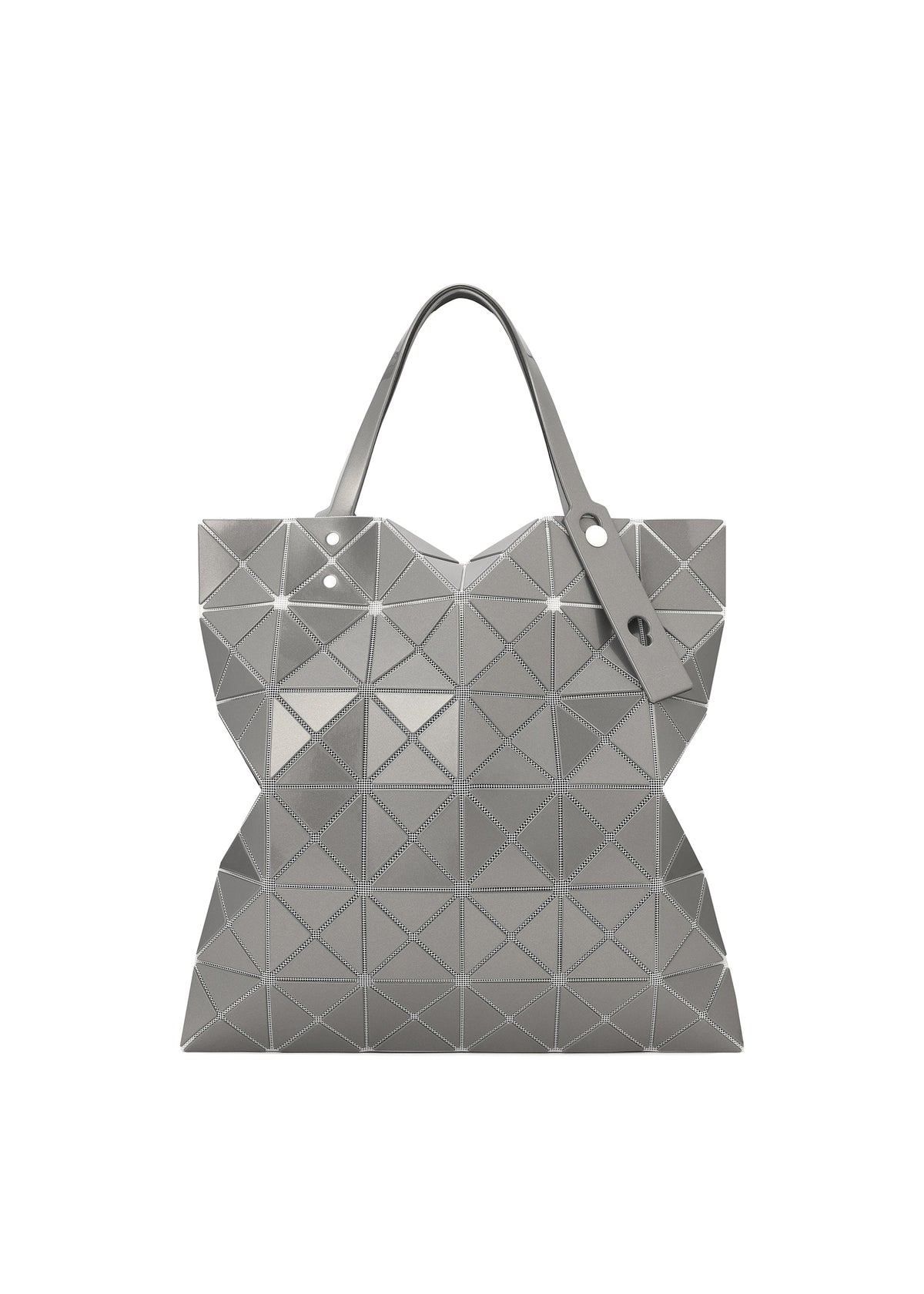 The LUCENT METALLIC tote by BAO BAO ISSEY MIYAKE features geometric triangular panels in shiny enamel for a modern, faceted silver look, finished with two handles and a matching silver tag. view 2 of 10