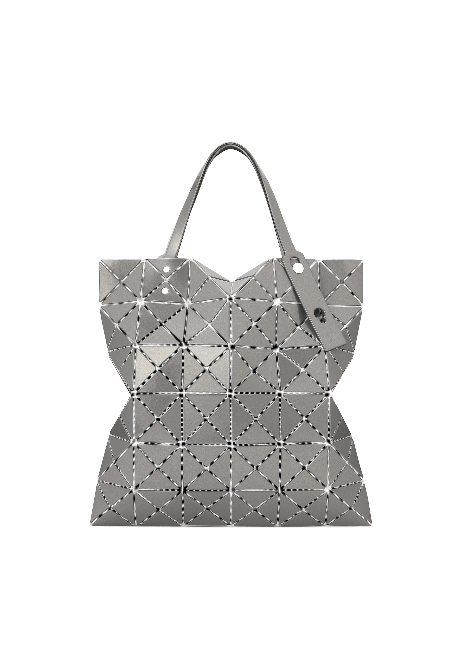 Zoomed view The LUCENT METALLIC tote by BAO BAO ISSEY MIYAKE features geometric triangular panels in shiny enamel for a modern, faceted silver look, finished with two handles and a matching silver tag. - STONE GRAY （no.09）