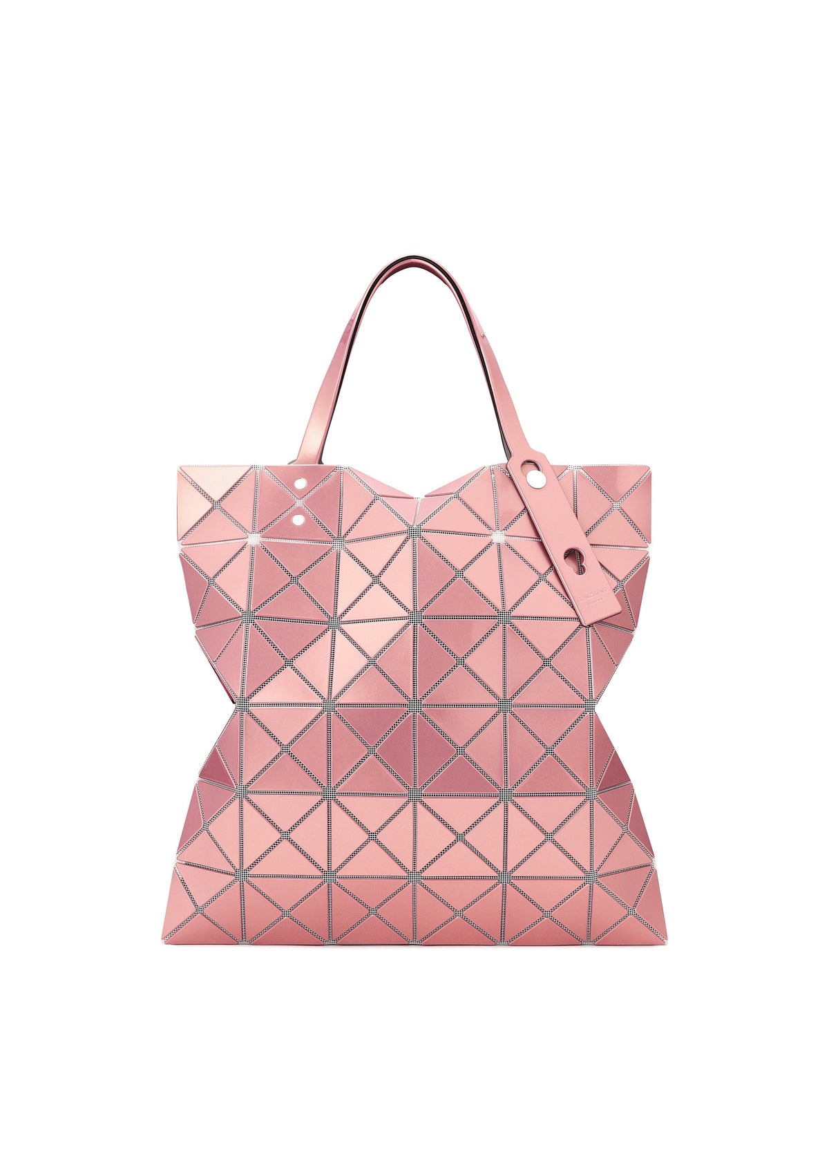 The LUCENT METALLIC tote by BAO BAO ISSEY MIYAKE features pink geometric triangular panels with a metallic finish, silver outlines, two handles, and a matching pink tag. view 3 of 10